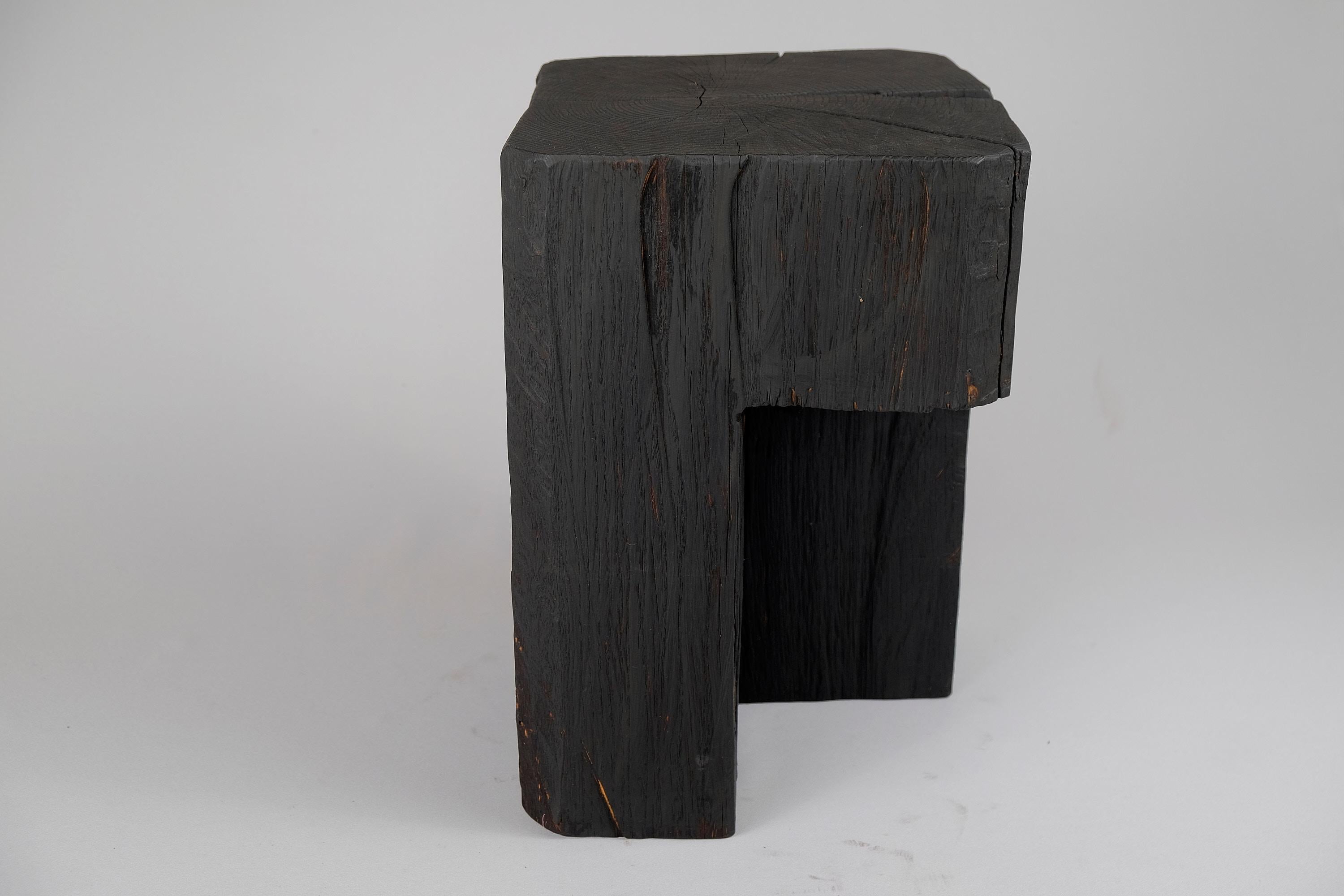 Solid Burnt Wood, Side Table, Stool, Original Contemporary Primative Design 2