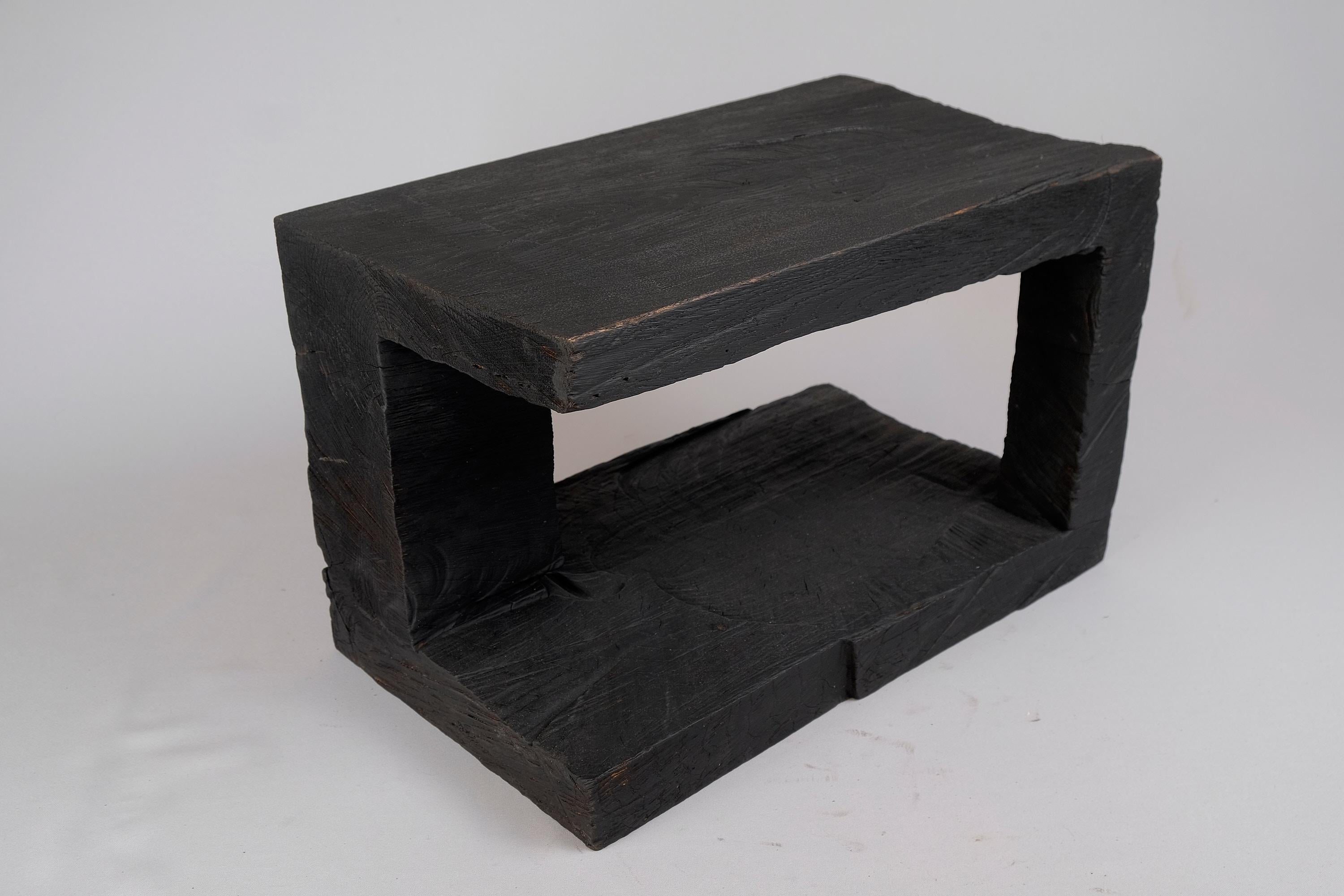 Solid Burnt Wood, Side Table, Stool, Original Contemporary Design For Sale 2