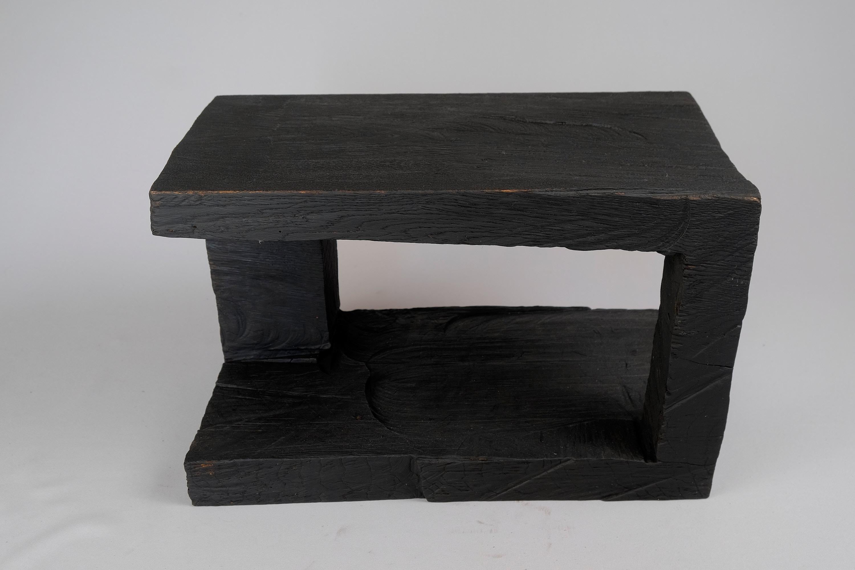 Solid Burnt Wood, Side Table, Stool, Original Contemporary Design For Sale 3