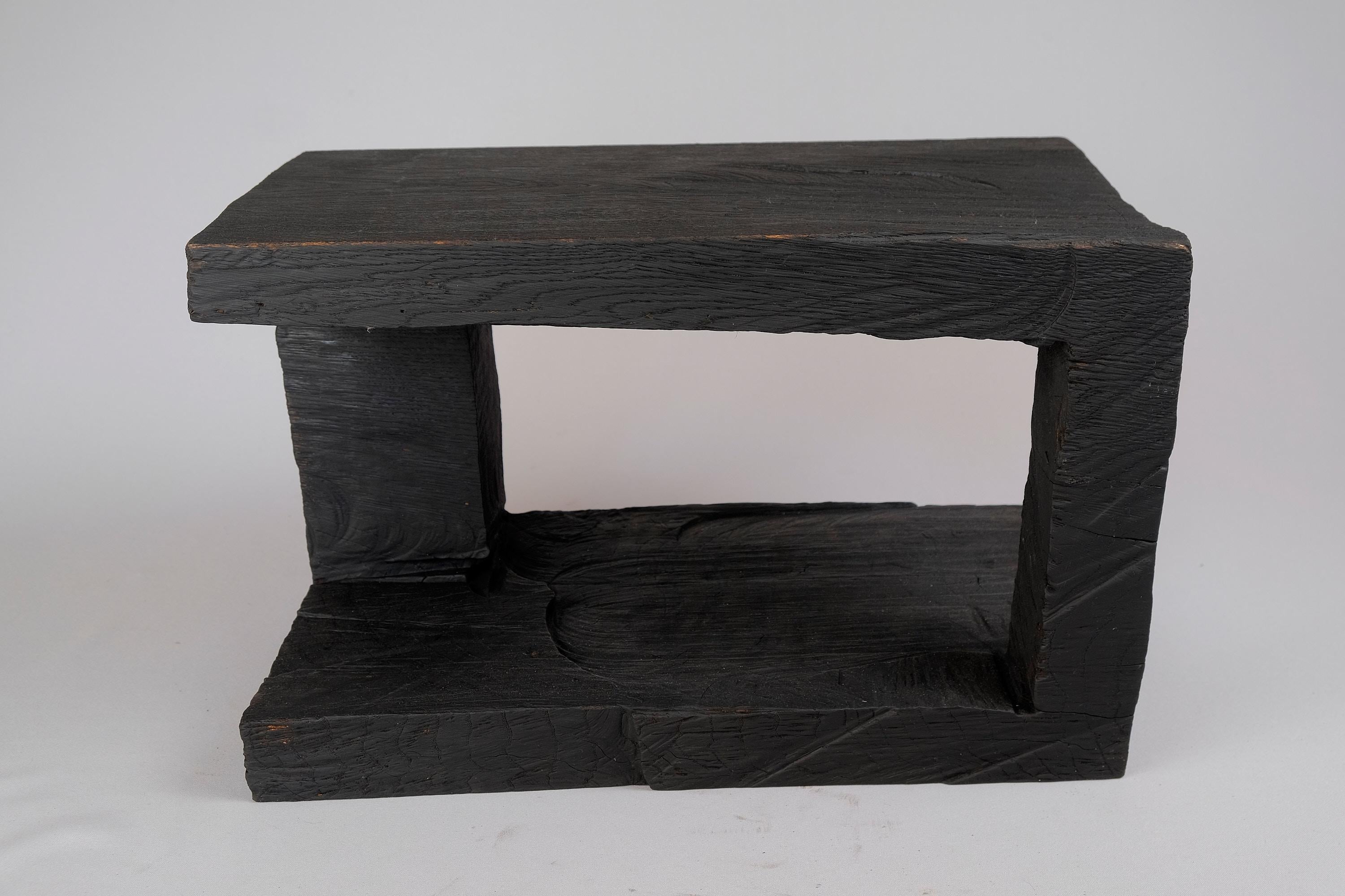 Solid Burnt Wood, Side Table, Stool, Original Contemporary Design For Sale 4