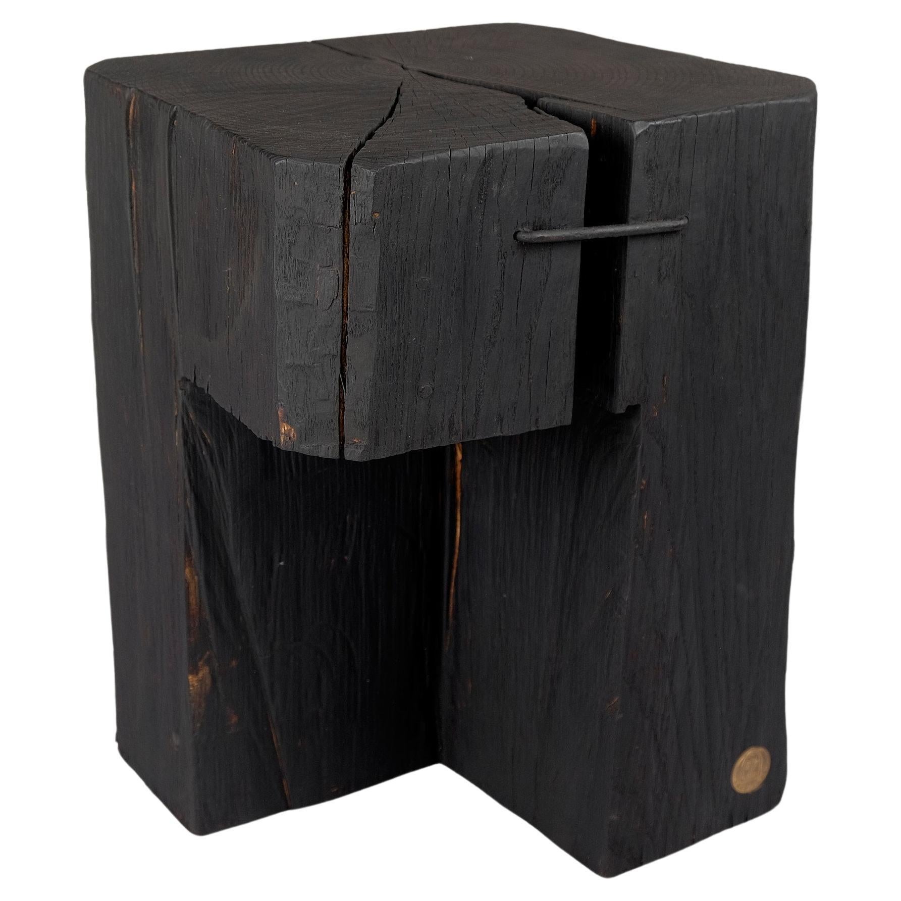 Solid Burnt Wood, Side Table, Stool, Original Contemporary Primative Design