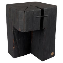 Solid Burnt Wood, Side Table, Stool, Original Contemporary Primative Design
