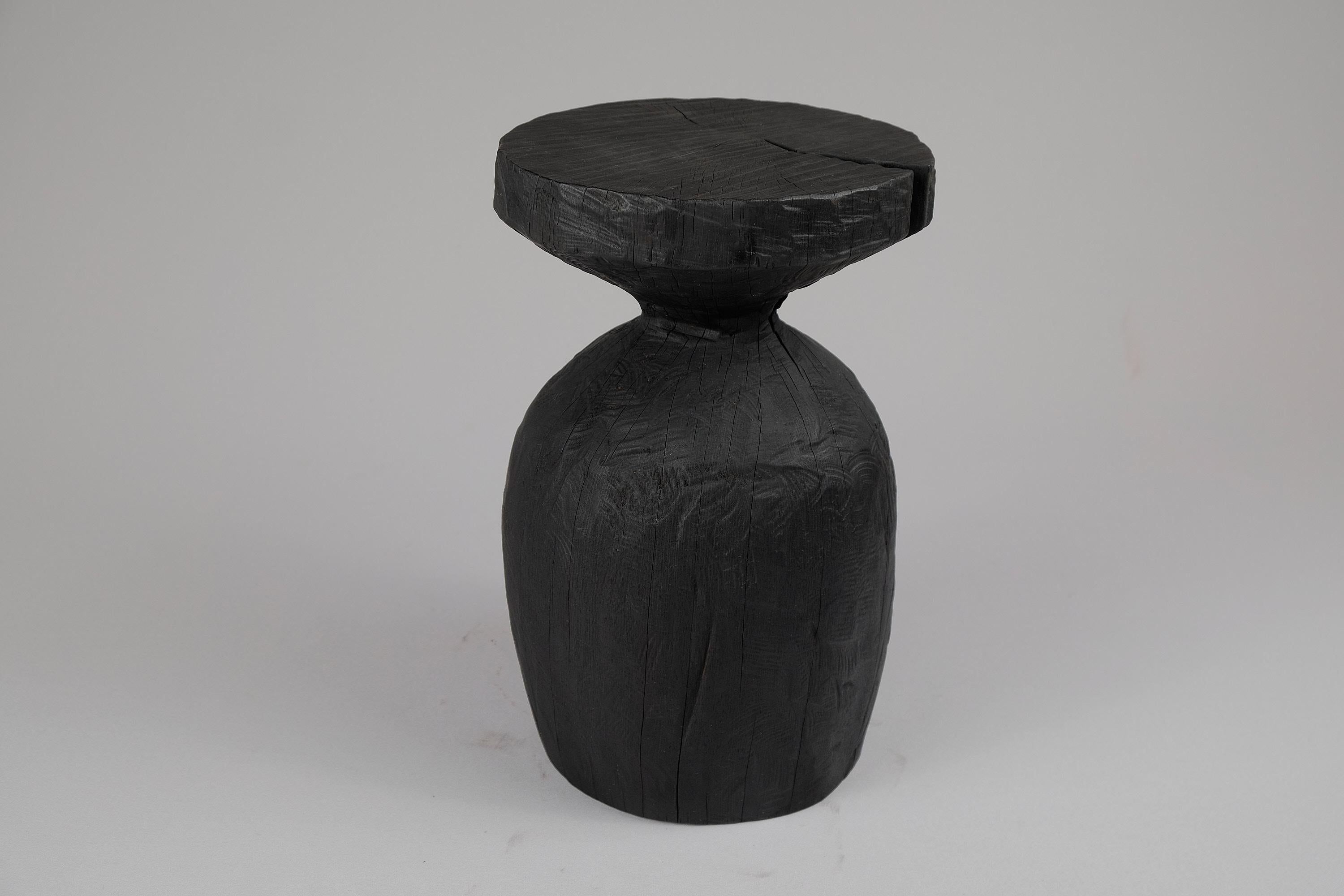 Primitive Solid Burnt Wood, Side Table, Stool, Original Design, Logniture For Sale