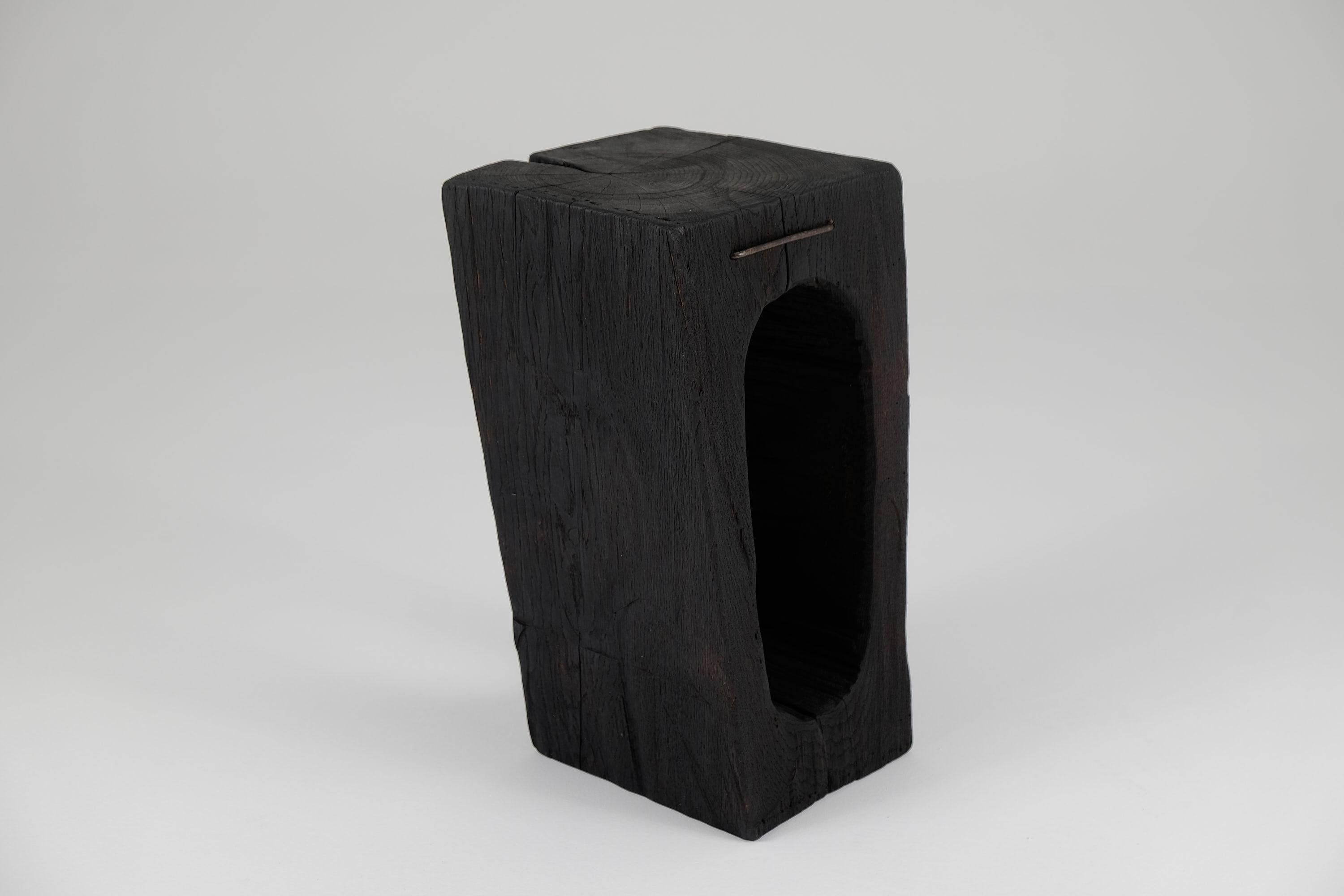 Contemporary Solid Burnt Wood, Side Table, Stool, Primative Design, Brutalist For Sale