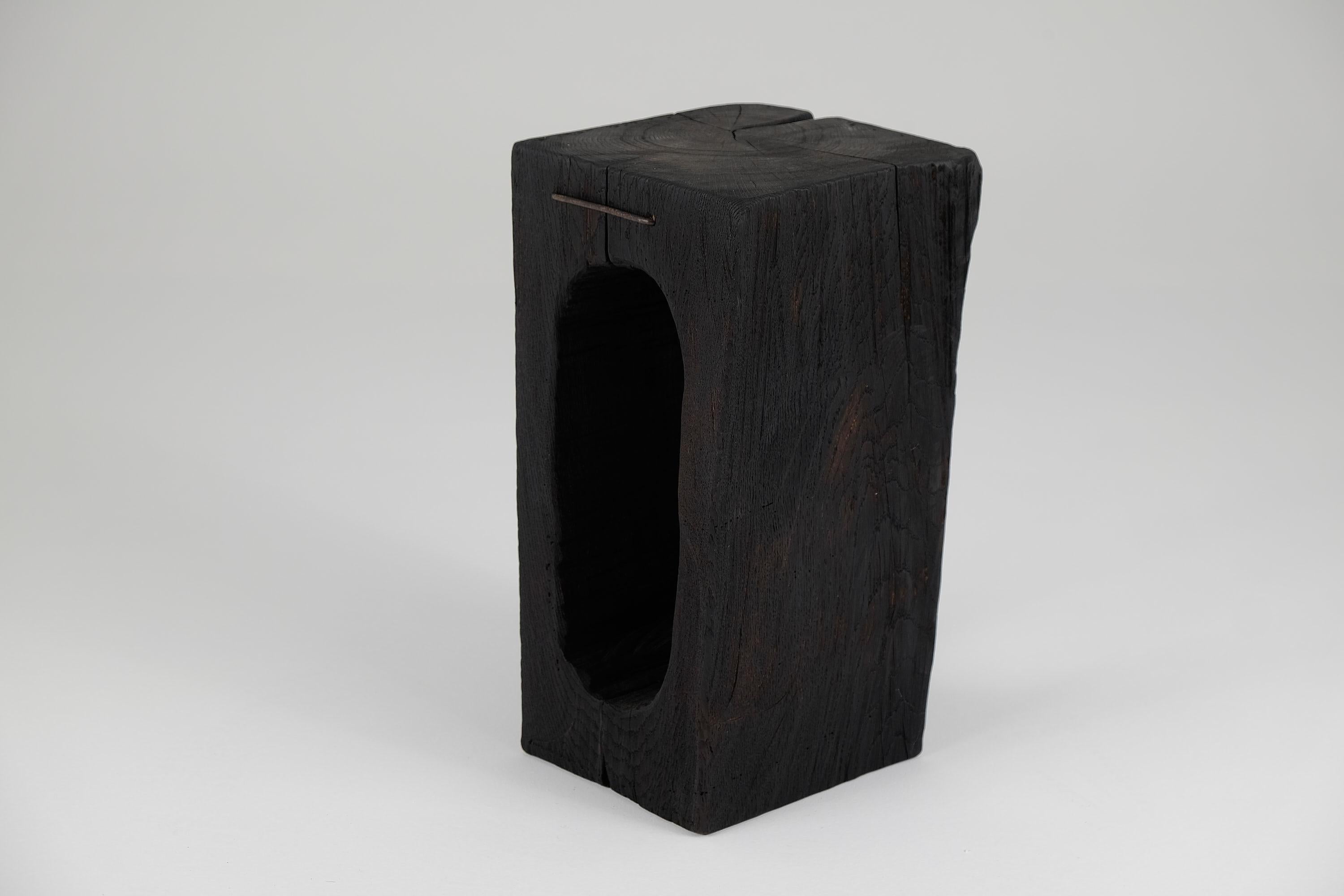 Solid Burnt Wood, Side Table, Stool, Primative Design, Brutalist For Sale 2
