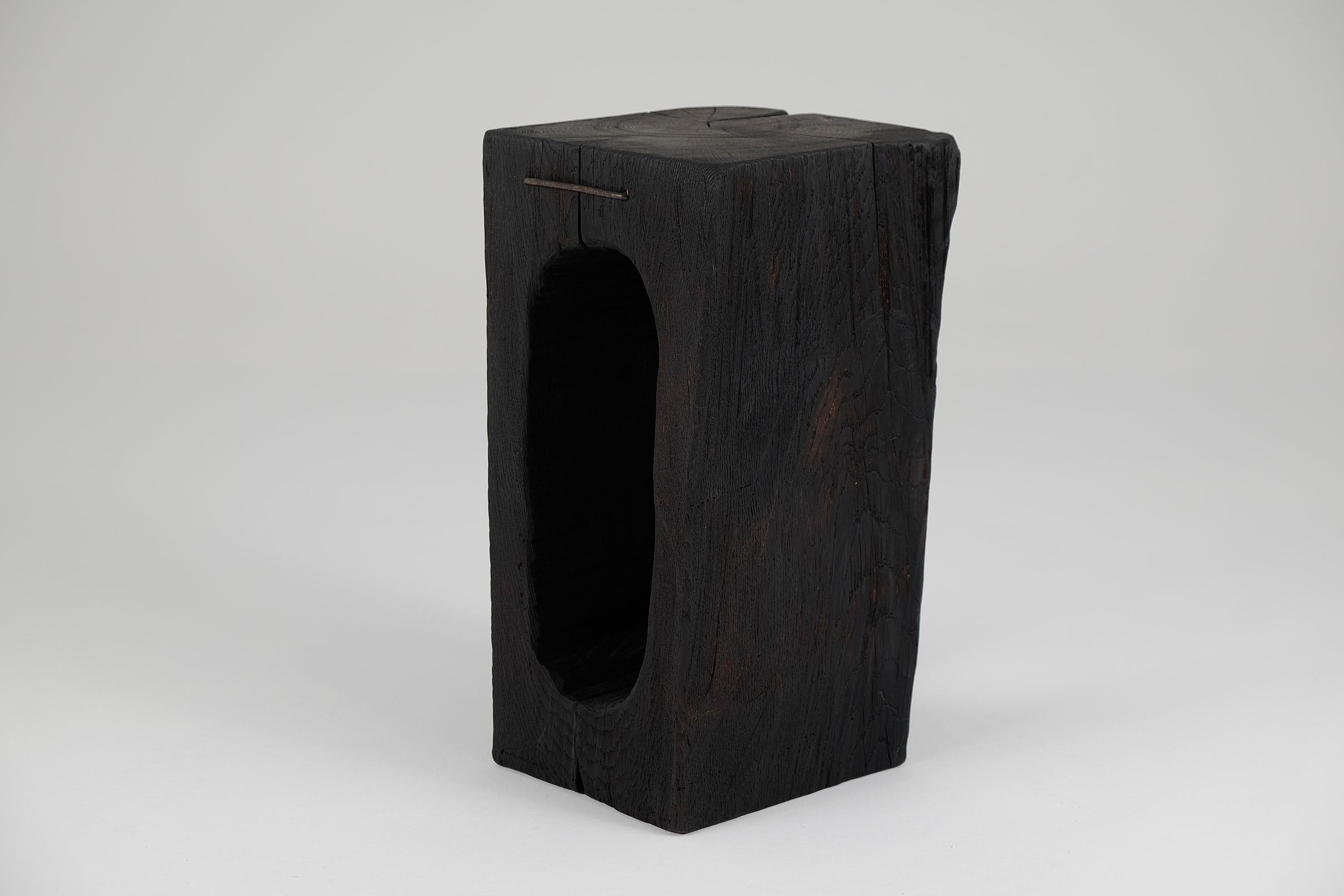 Solid Burnt Wood, Side Table, Stool, Primative Design, Brutalist For Sale 3