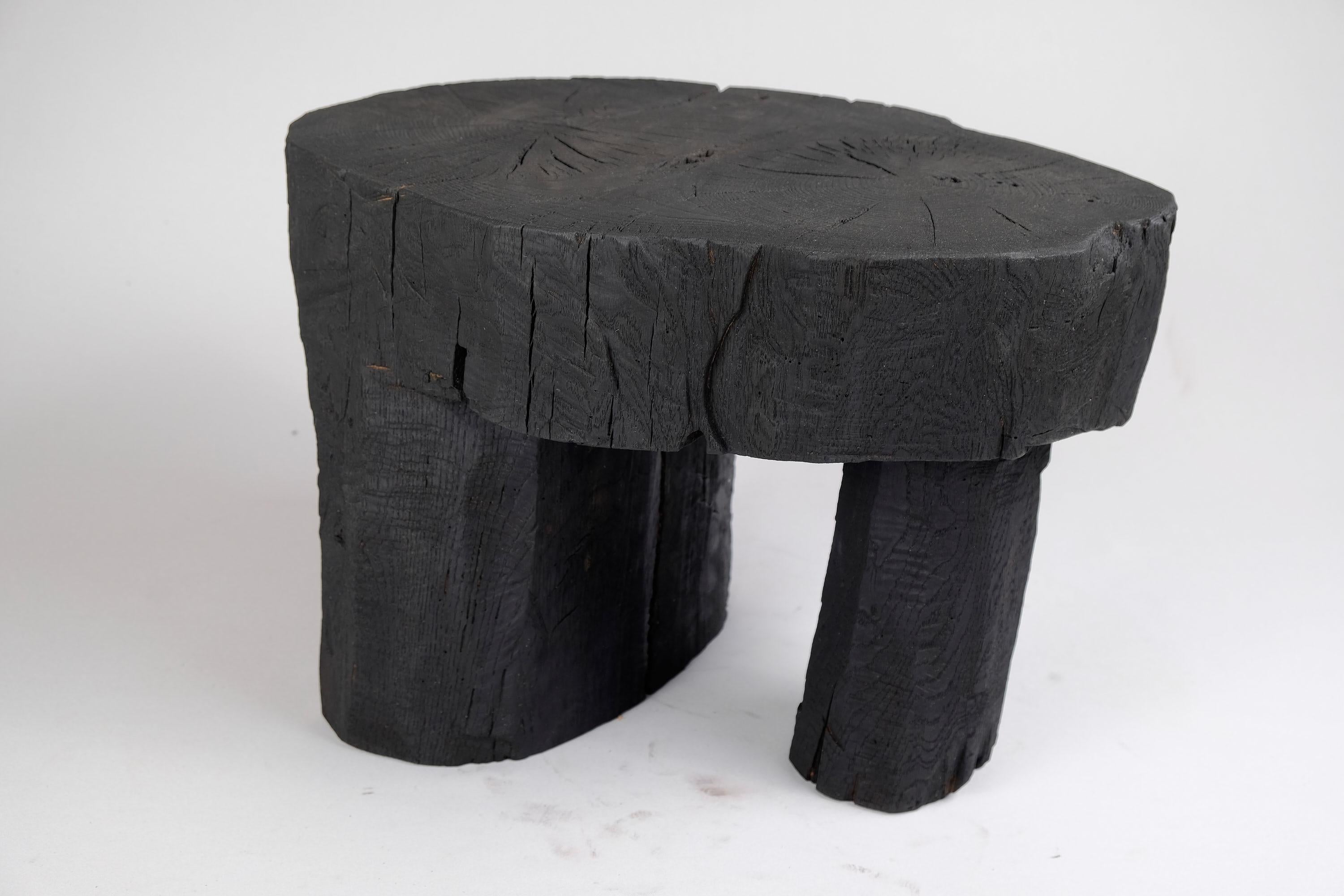 Solid Burnt Wood, Side Table, Stool, Wabi Sabi, Chainsaw Carved, Handmade For Sale 5