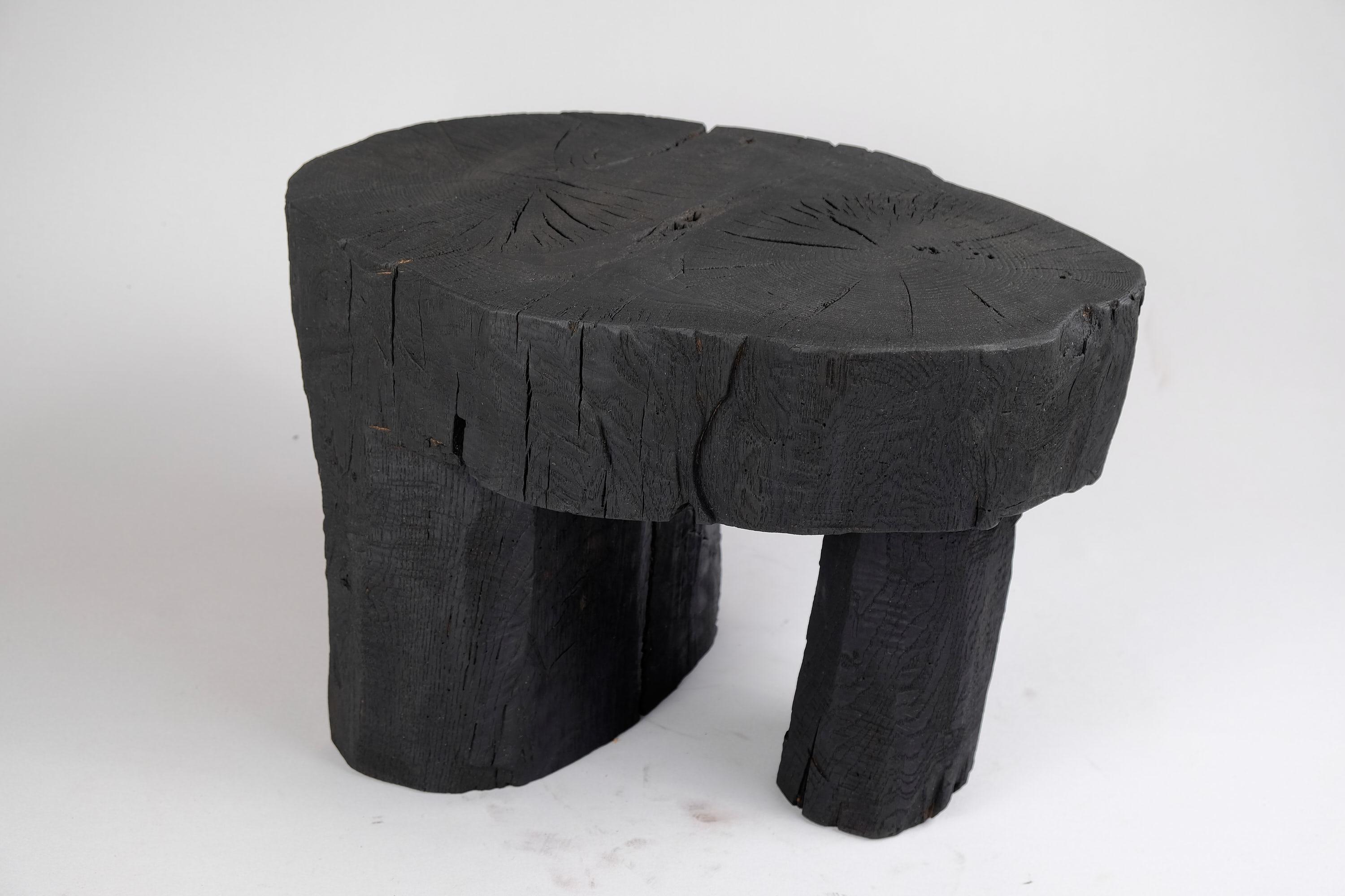 Solid Burnt Wood, Side Table, Stool, Wabi Sabi, Chainsaw Carved, Handmade For Sale 6