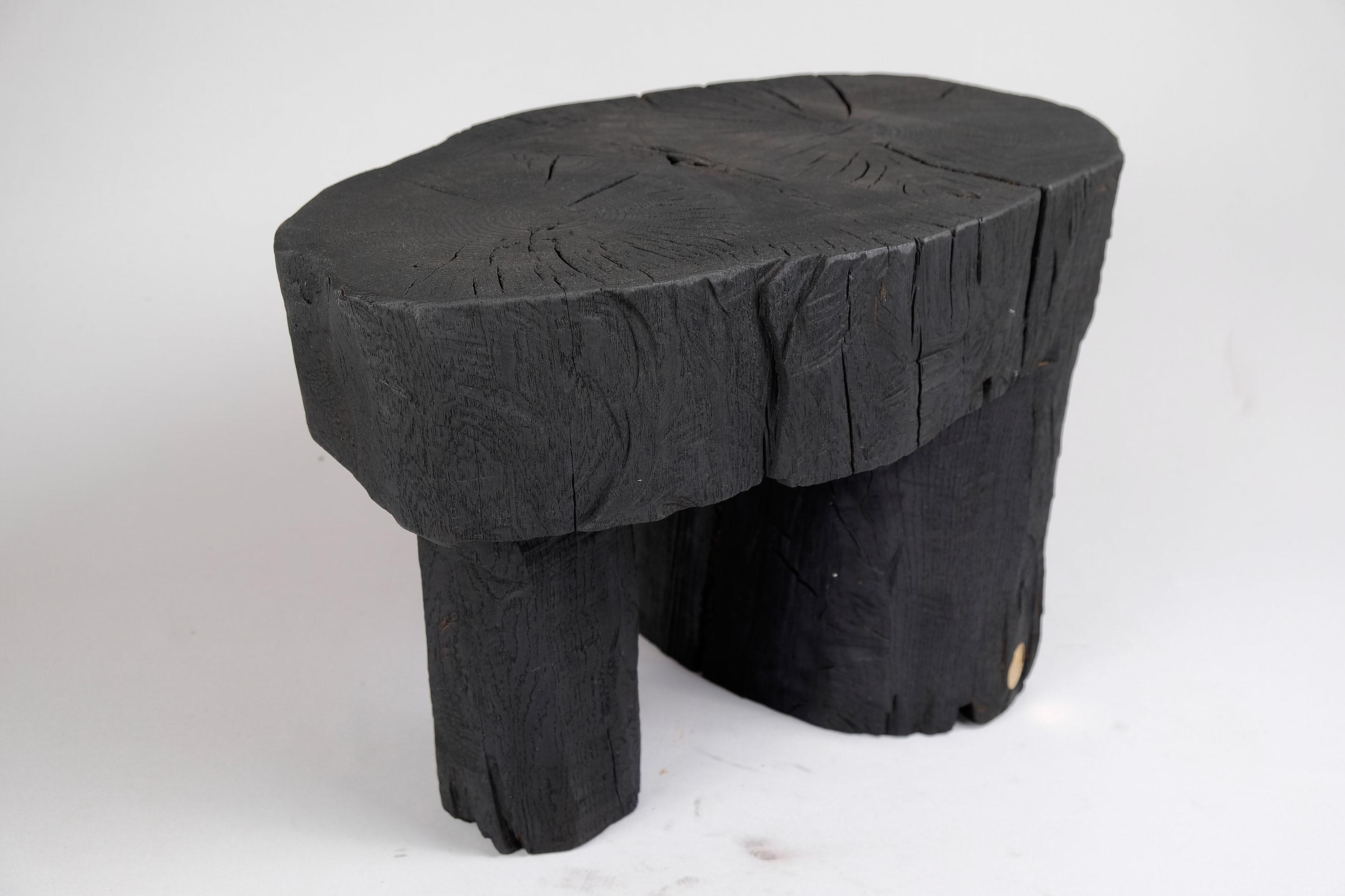Solid Burnt Wood, Side Table, Stool, Wabi Sabi, Chainsaw Carved, Handmade For Sale 8