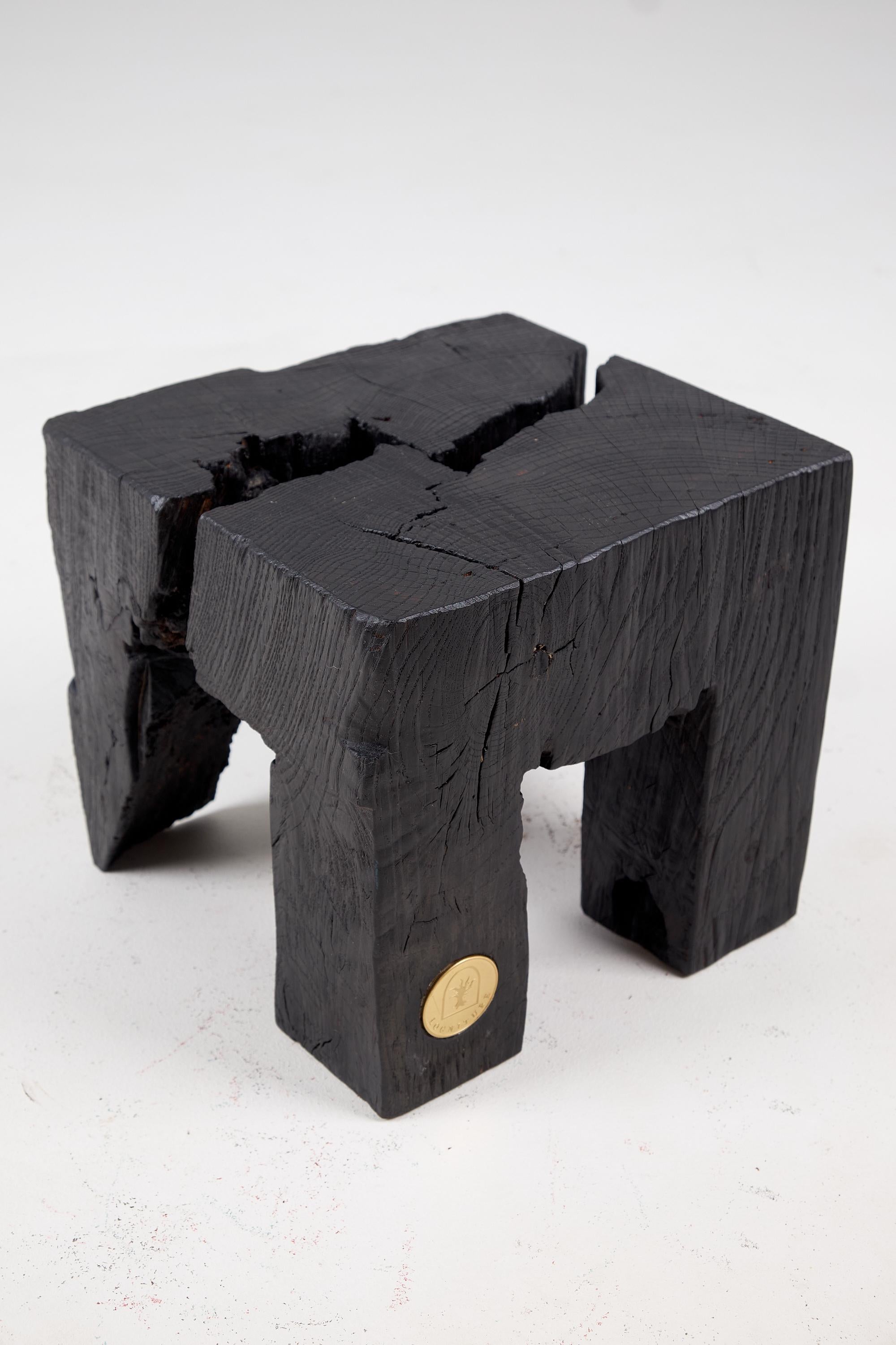 Mesa auxiliar/taburete rústico contemporáneo único de madera tallada con motosierra. Tallada en una sola pieza de madera, partida por la mitad y unida con varillas de latón. Protegido con aceites de la máxima calidad, que garantizan su durabilidad
