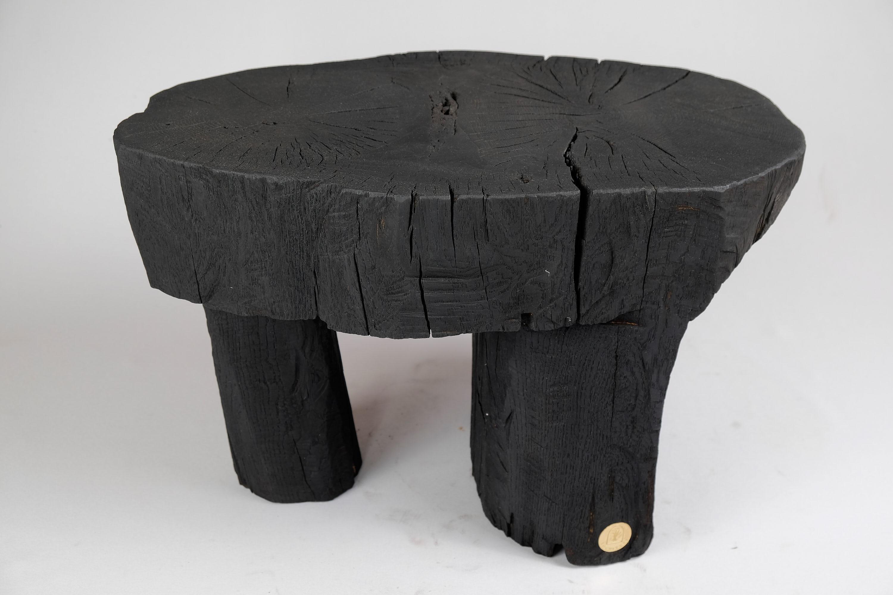 Croatian Solid Burnt Wood, Side Table, Stool, Wabi Sabi, Chainsaw Carved, Handmade For Sale