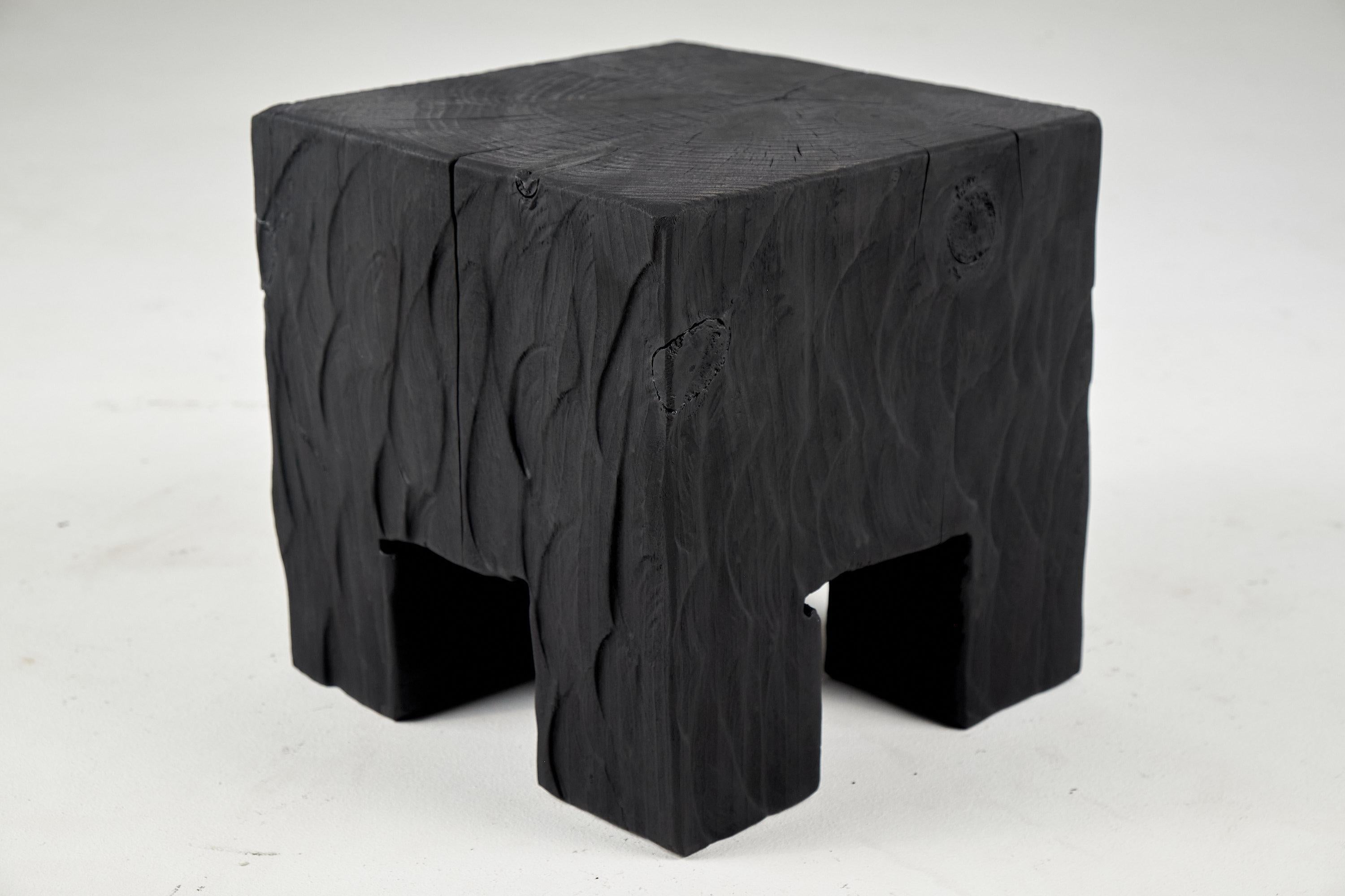 Croatian Solid Burnt Wood, Side Table, Stool, Wabi Sabi, Chainsaw Carved, Handmade For Sale