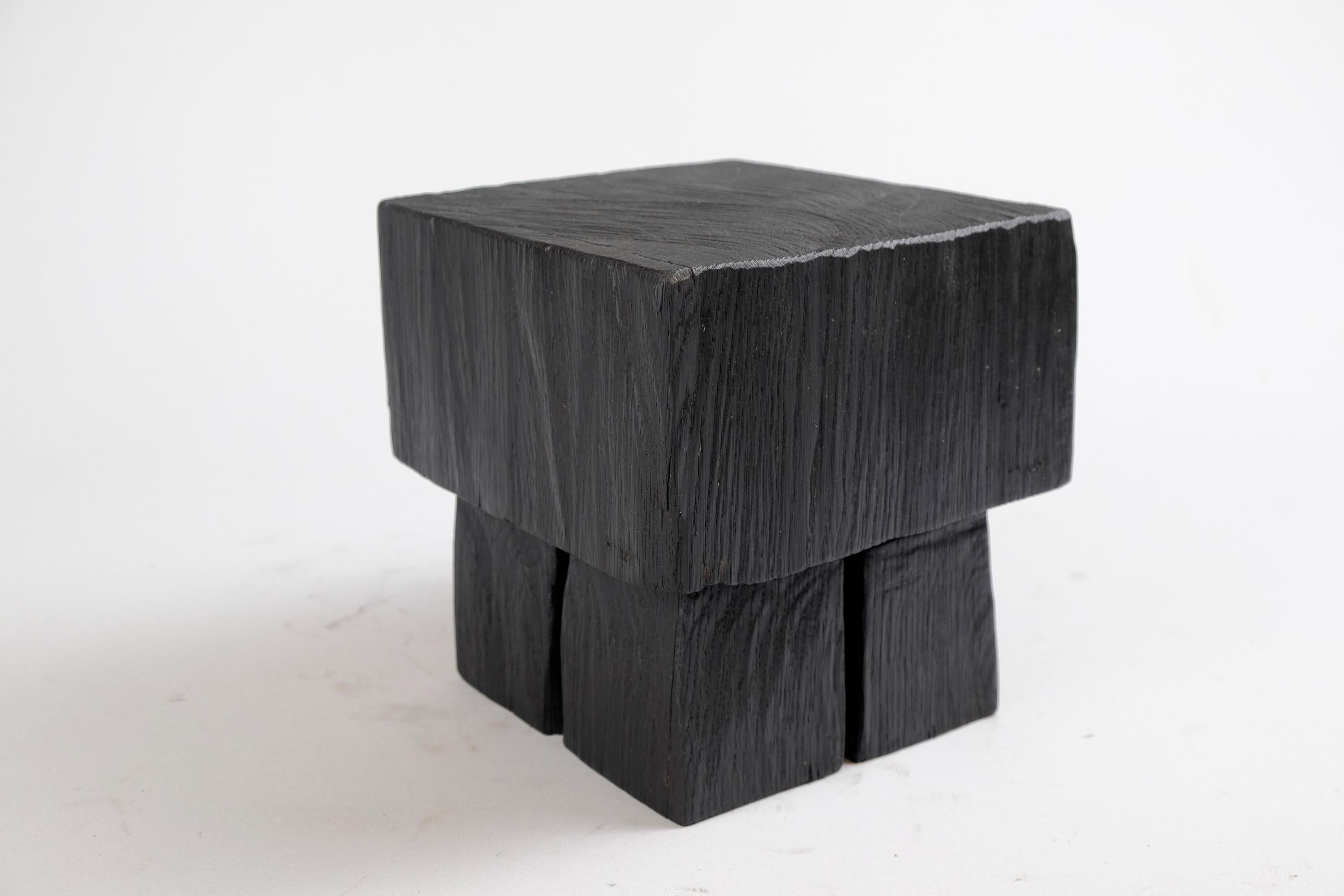 Contemporary Solid Burnt Wood, Side Table, Stool, Wabi Sabi, Chainsaw Carved, Handmade For Sale