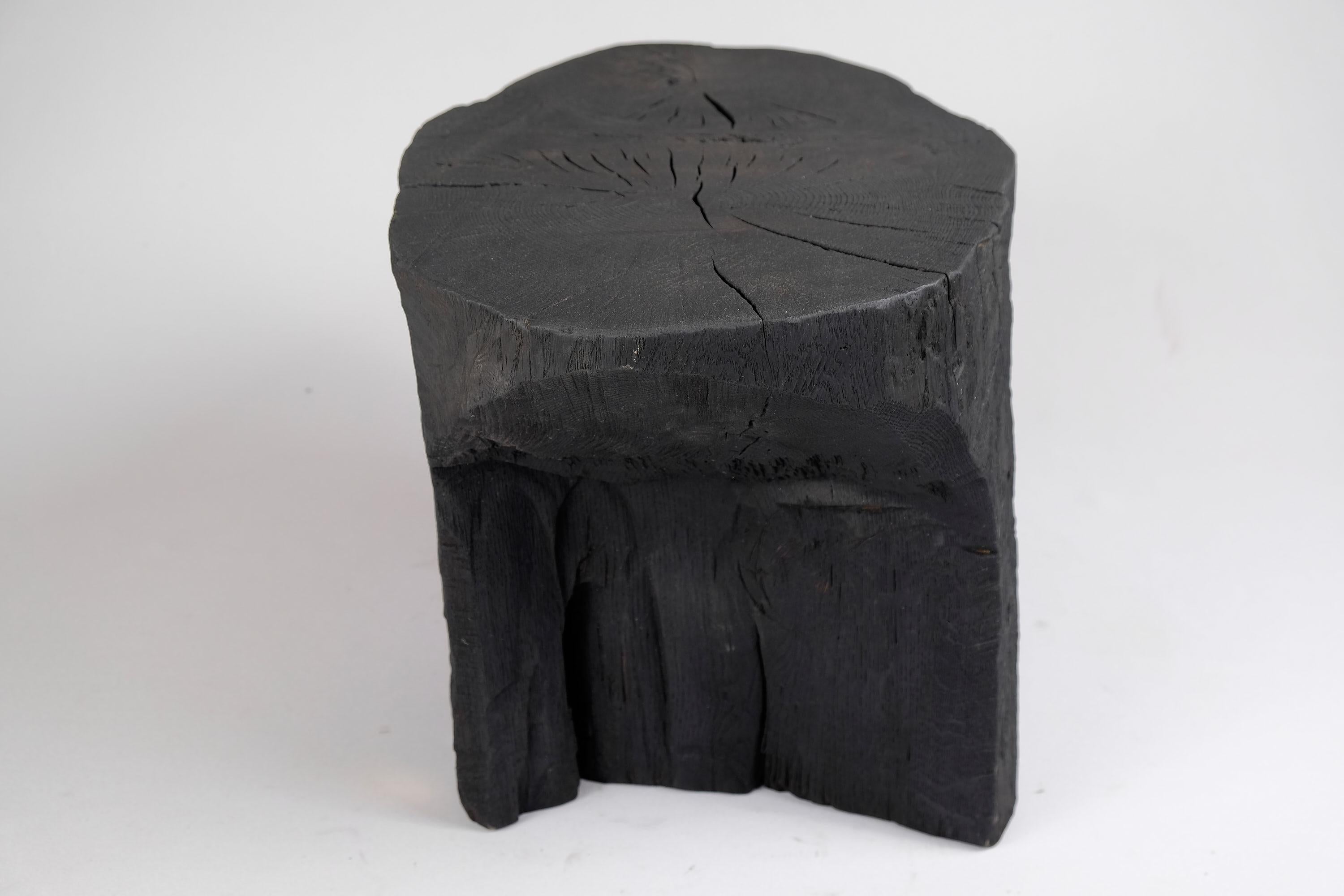 Solid Burnt Wood, Side Table, Stool, Wabi Sabi, Chainsaw Carved, Handmade For Sale 1