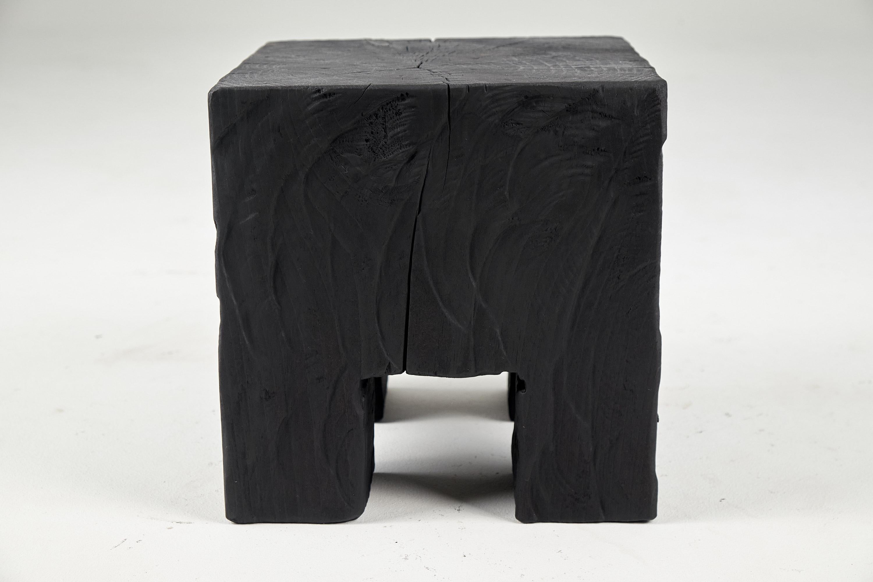 Contemporary Solid Burnt Wood, Side Table, Stool, Wabi Sabi, Chainsaw Carved, Handmade For Sale