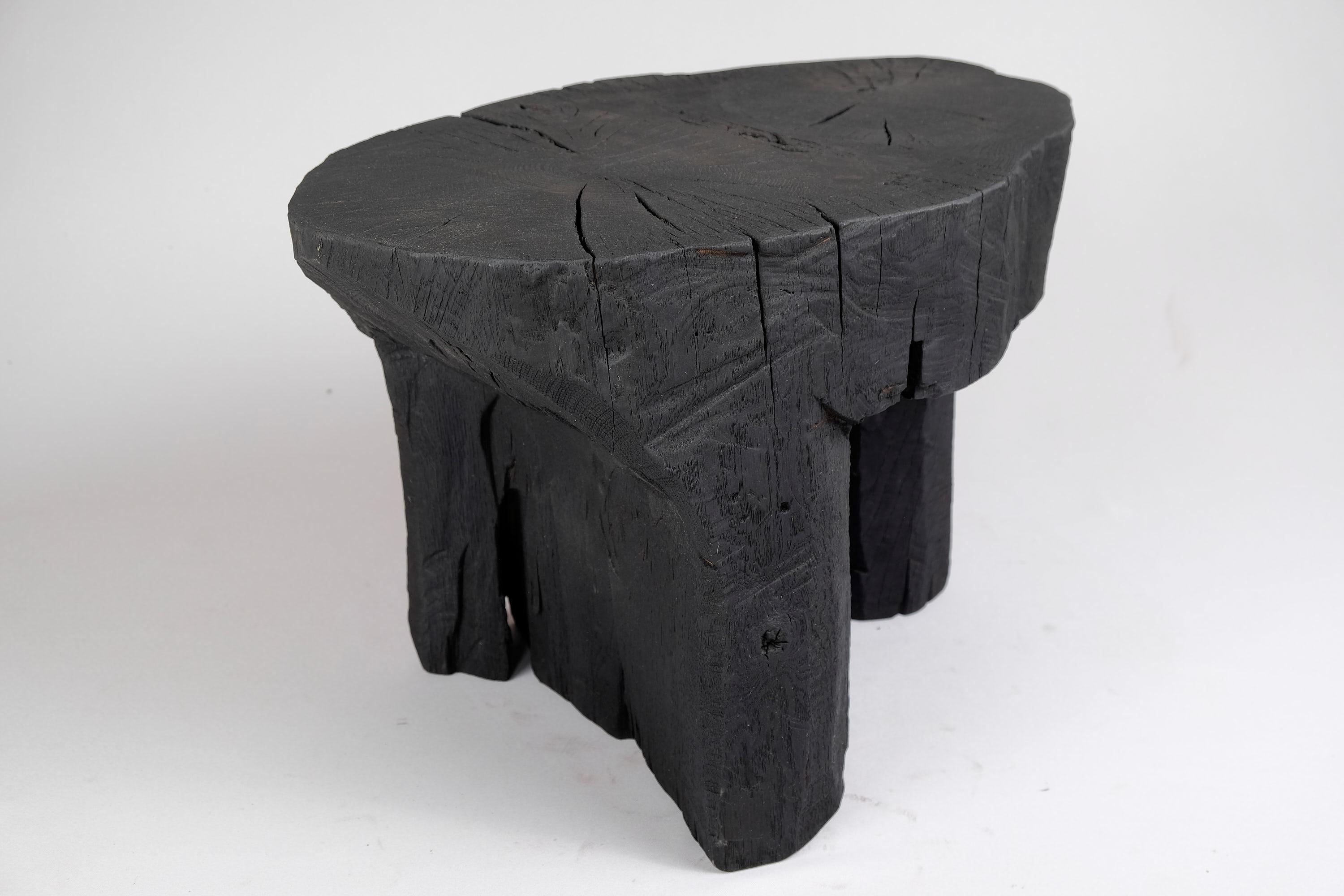 Solid Burnt Wood, Side Table, Stool, Wabi Sabi, Chainsaw Carved, Handmade For Sale 2