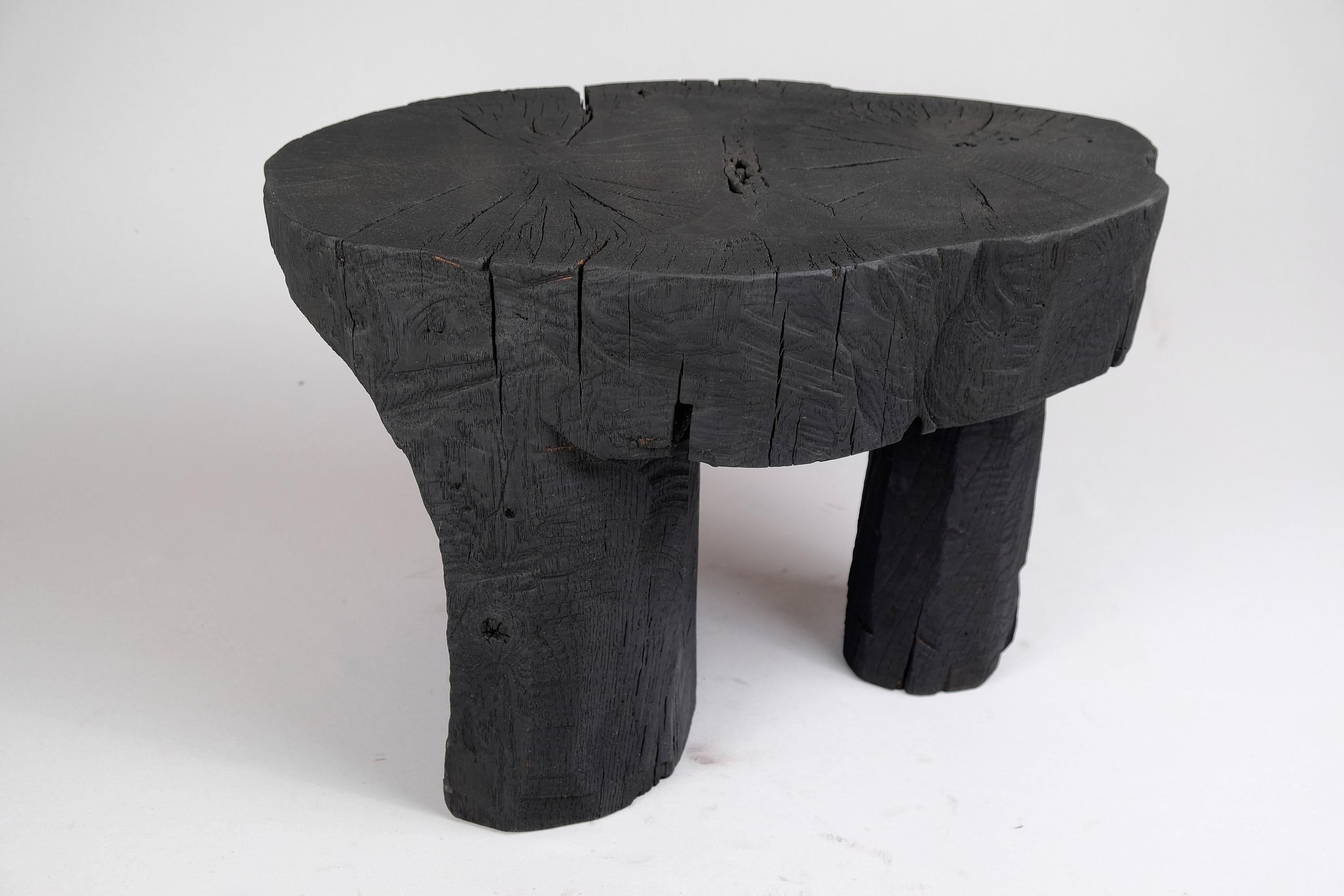 Solid Burnt Wood, Side Table, Stool, Wabi Sabi, Chainsaw Carved, Handmade For Sale 3