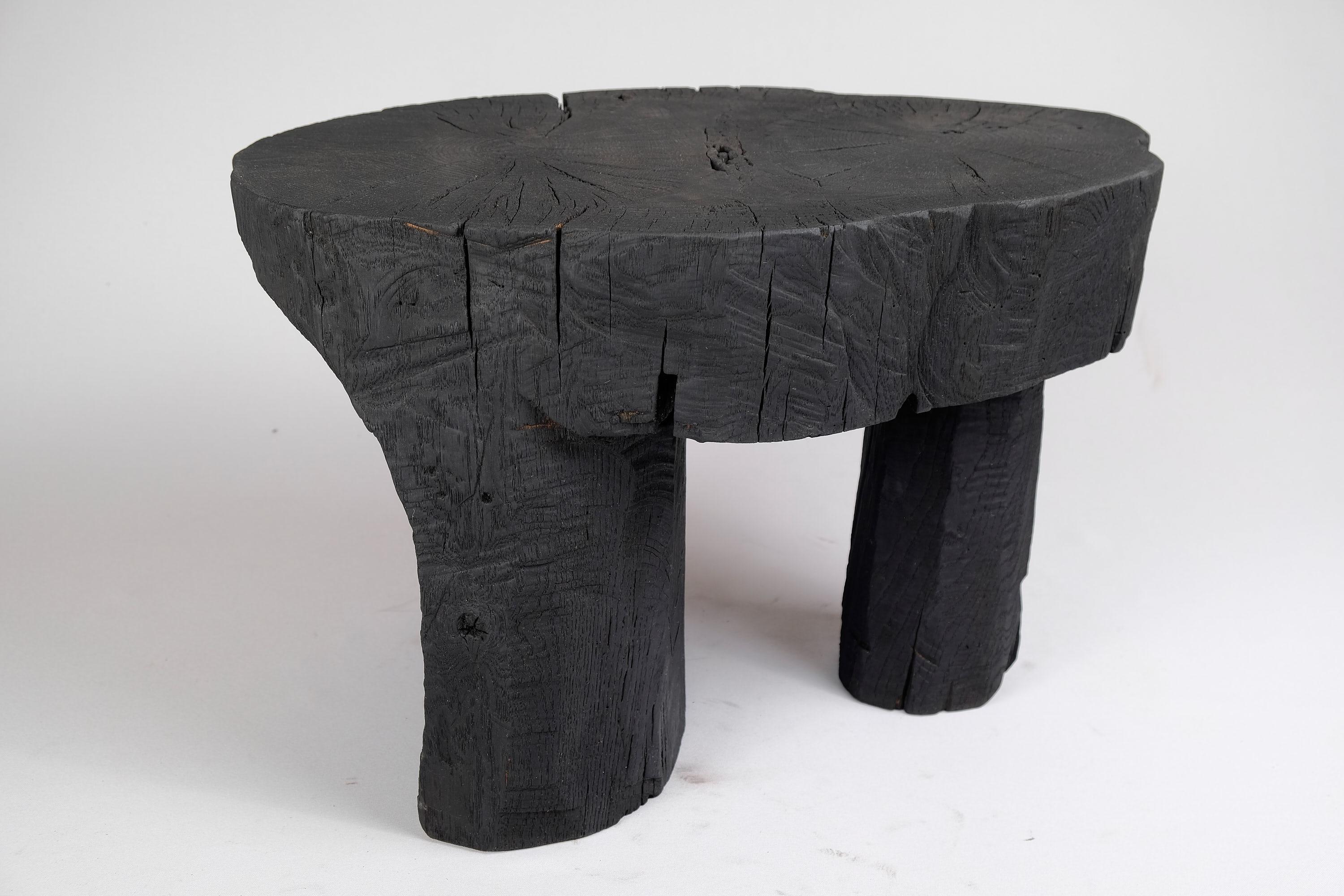 Solid Burnt Wood, Side Table, Stool, Wabi Sabi, Chainsaw Carved, Handmade For Sale 4