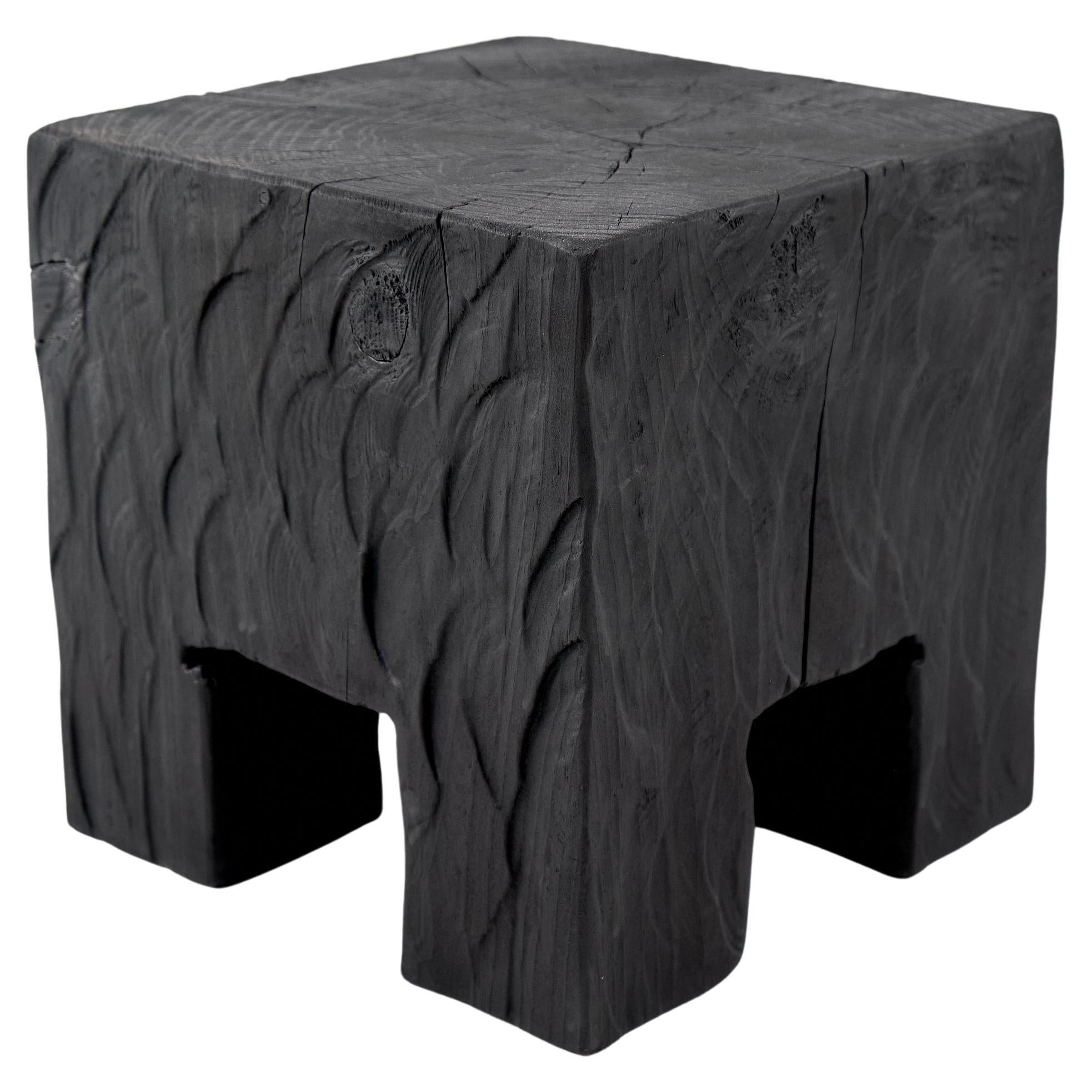 Solid Burnt Wood, Side Table, Stool, Wabi Sabi, Chainsaw Carved, Handmade For Sale