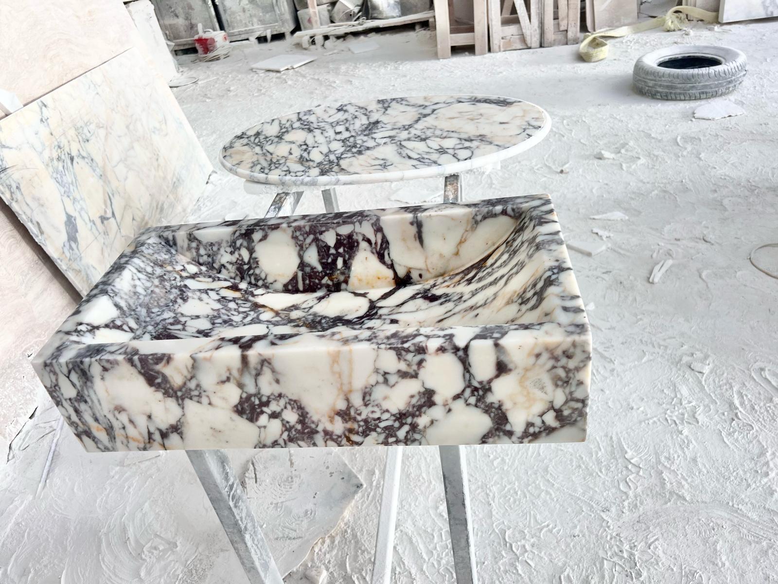 Solid Calacatta Viola Marble Sibk - Handmade Wall Mounted Viola Sink For Sale 7