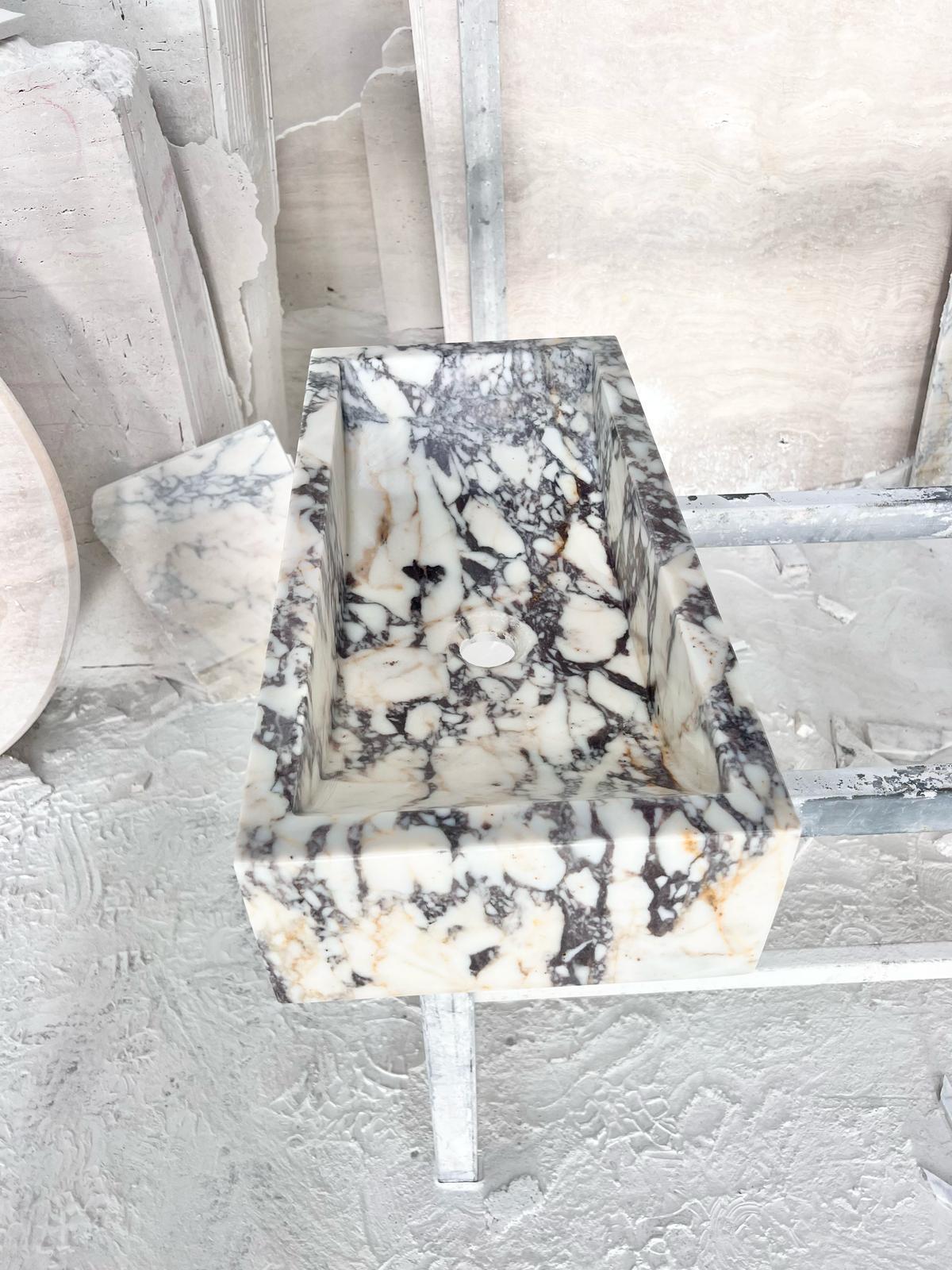 Solid Calacatta Viola Marble Sibk - Handmade Wall Mounted Viola Sink For Sale 8