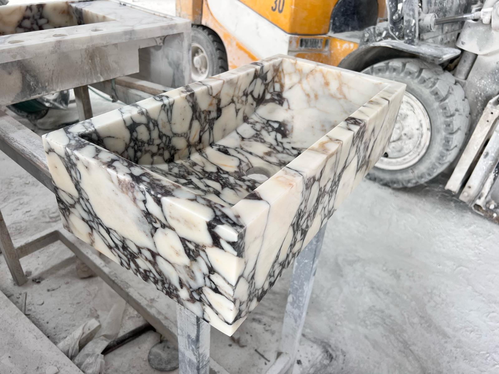 Solid Calacatta Viola Marble Sibk - Handmade Wall Mounted Viola Sink For Sale 9