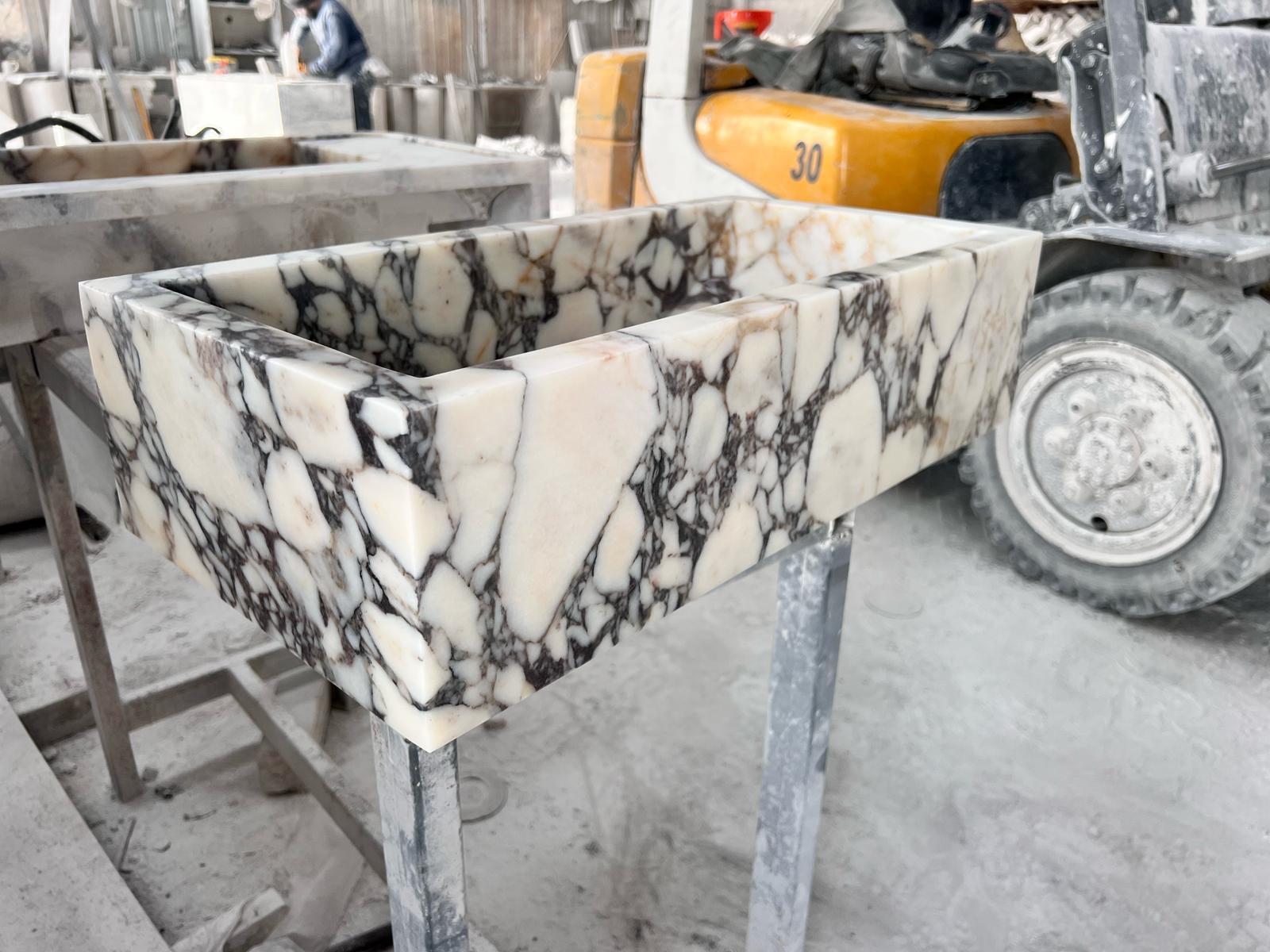 Solid Calacatta Viola Marble Sibk - Handmade Wall Mounted Viola Sink For Sale 10