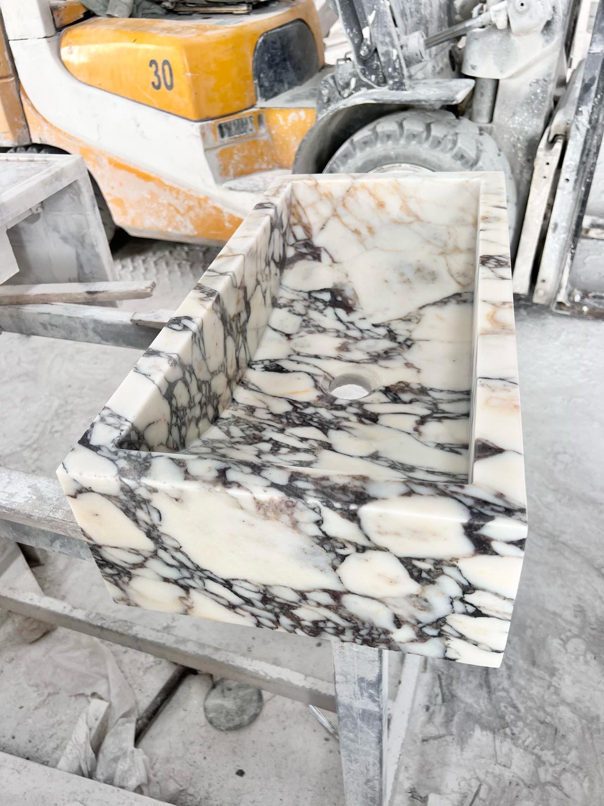 Solid Calacatta Viola Marble Sibk - Handmade Wall Mounted Viola Sink For Sale 11