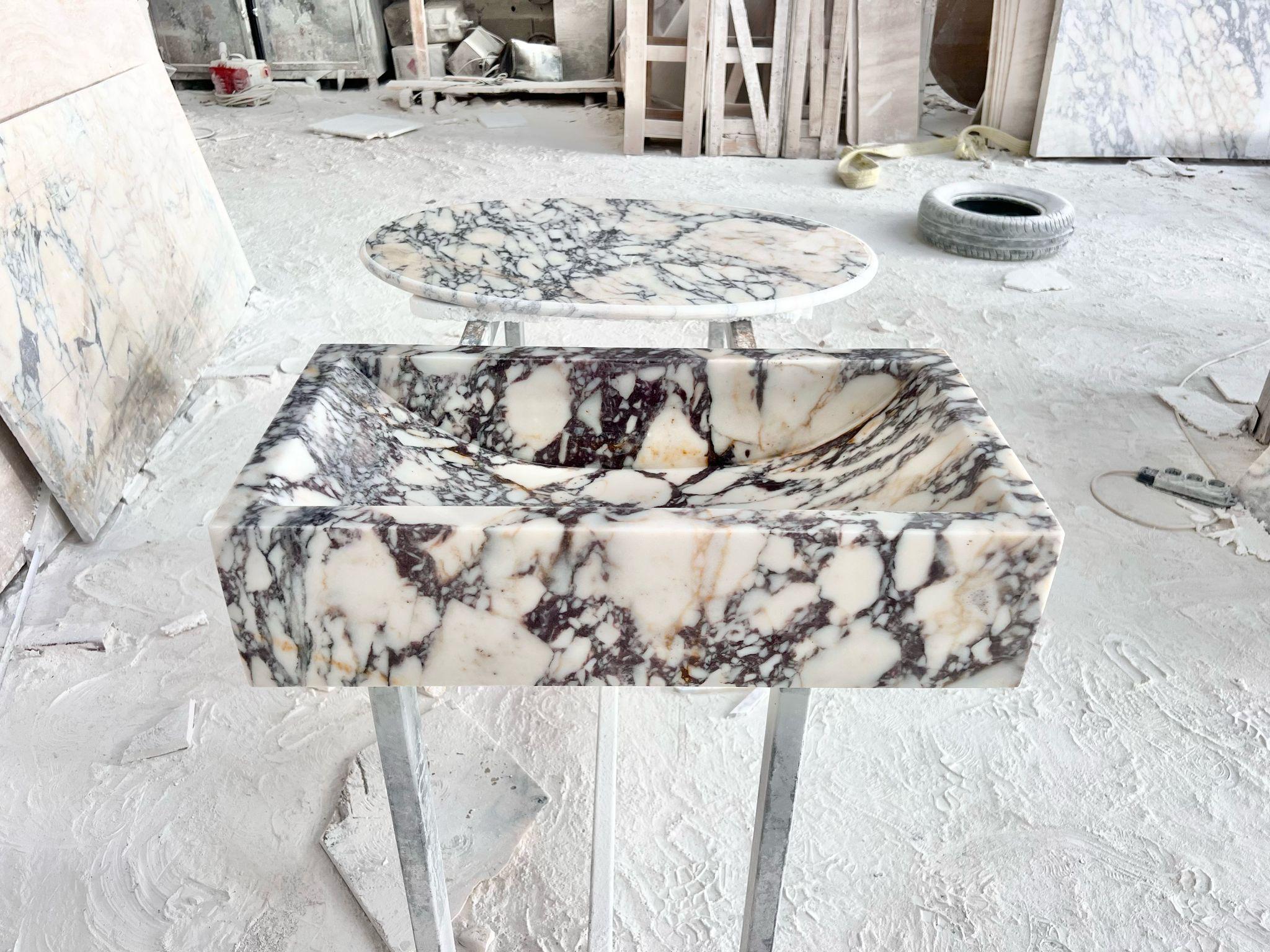 Brushed Solid Calacatta Viola Marble Sibk - Handmade Wall Mounted Viola Sink For Sale