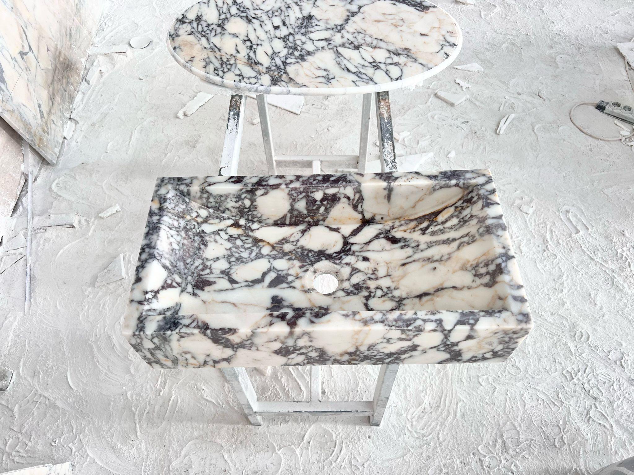 Stone Solid Calacatta Viola Marble Sibk - Handmade Wall Mounted Viola Sink For Sale