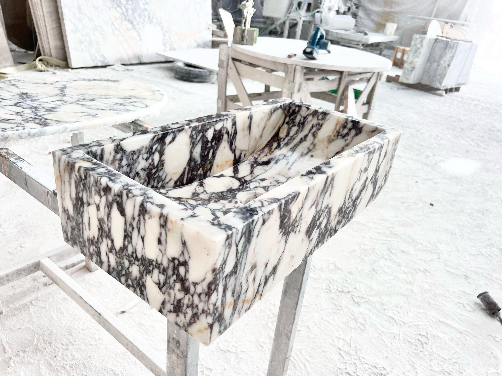 Solid Calacatta Viola Marble Sibk - Handmade Wall Mounted Viola Sink For Sale 2