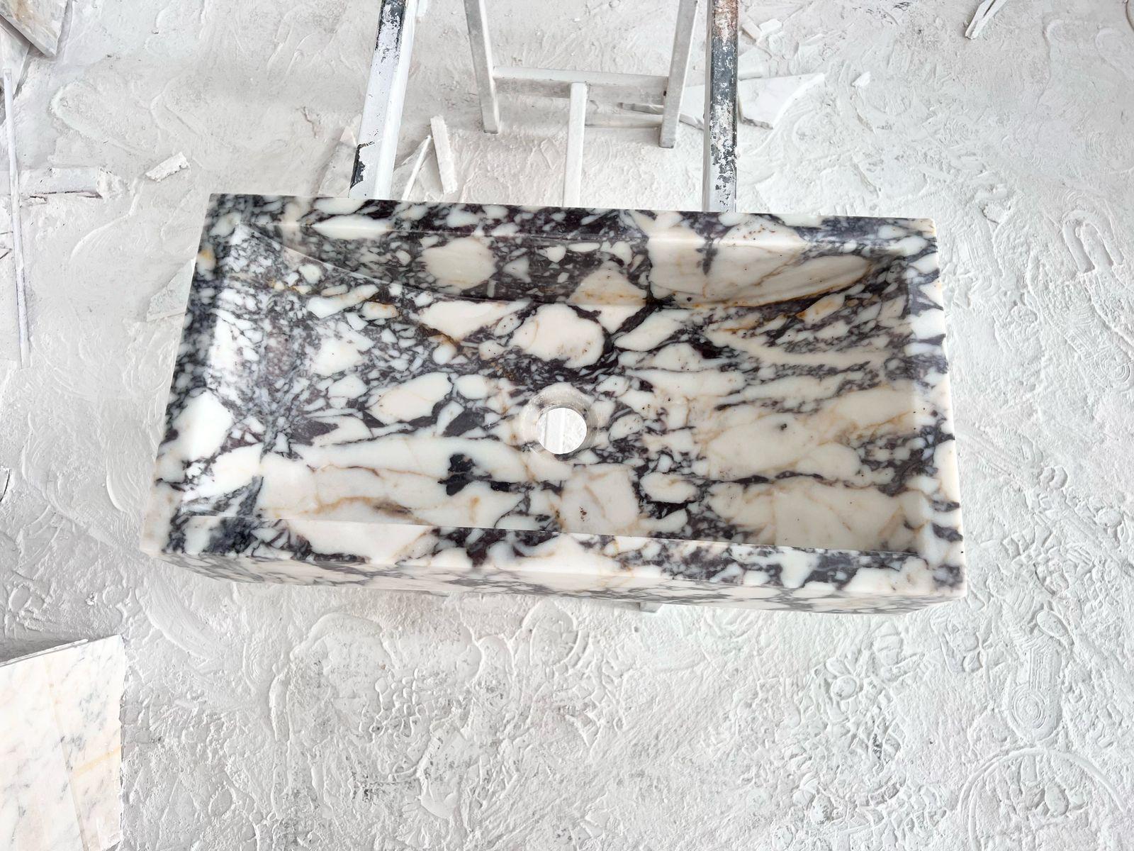 Solid Calacatta Viola Marble Sibk - Handmade Wall Mounted Viola Sink For Sale 3