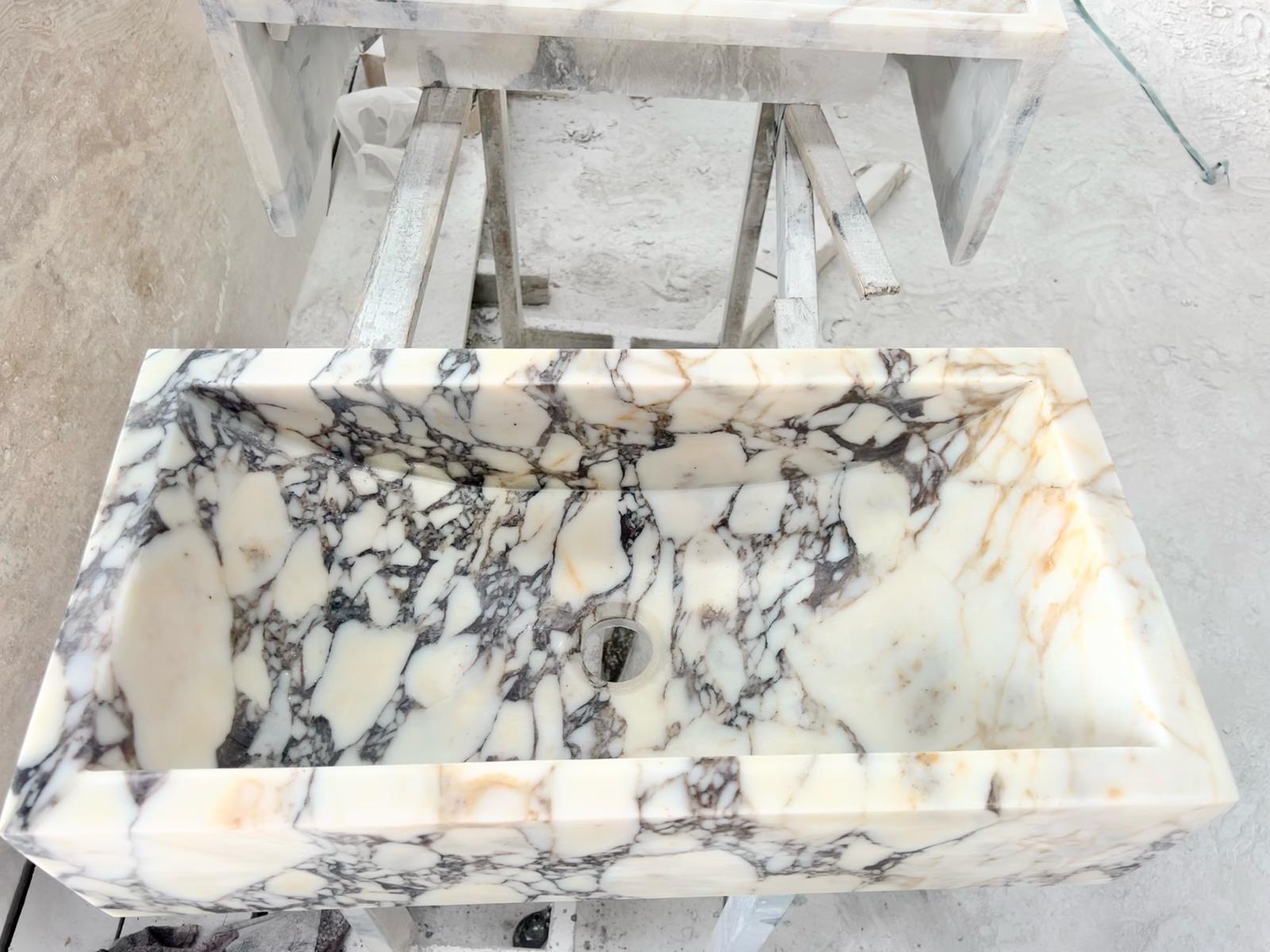 Solid Calacatta Viola Marble Sibk - Handmade Wall Mounted Viola Sink For Sale 4