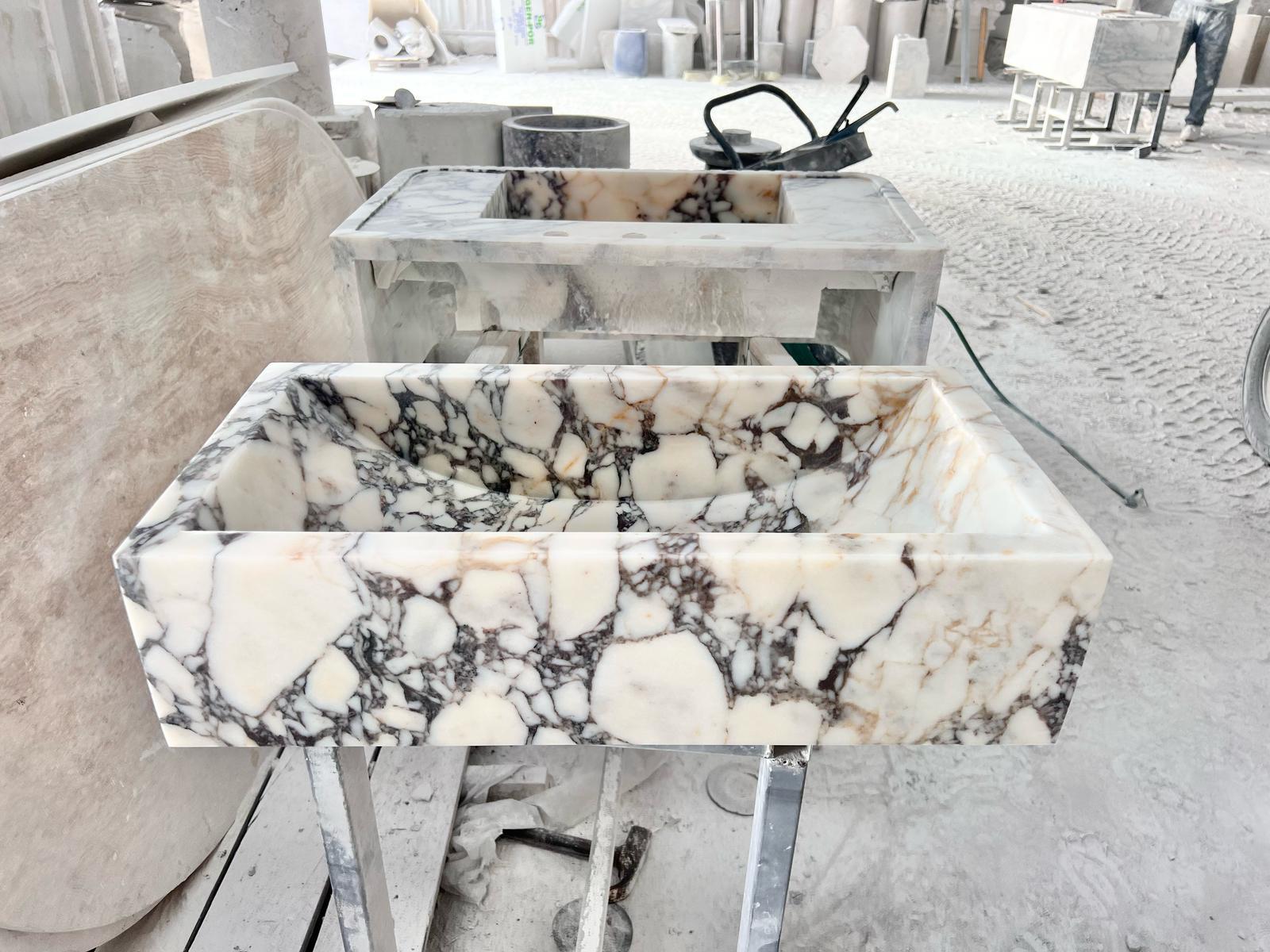 Solid Calacatta Viola Marble Sibk - Handmade Wall Mounted Viola Sink For Sale 5