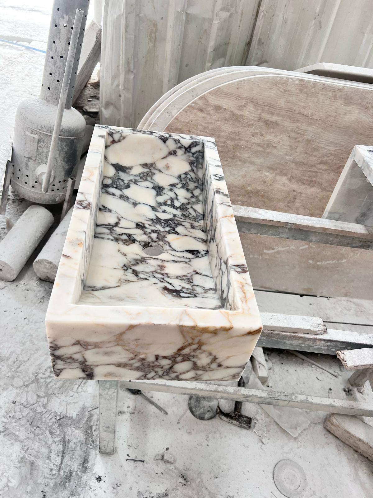 Solid Calacatta Viola Marble Sibk - Handmade Wall Mounted Viola Sink For Sale 6