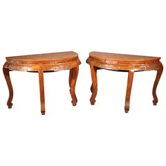 Antique Solid Camphor Wood Chinese Demilune Console Tables with Drawers, circa 1890s