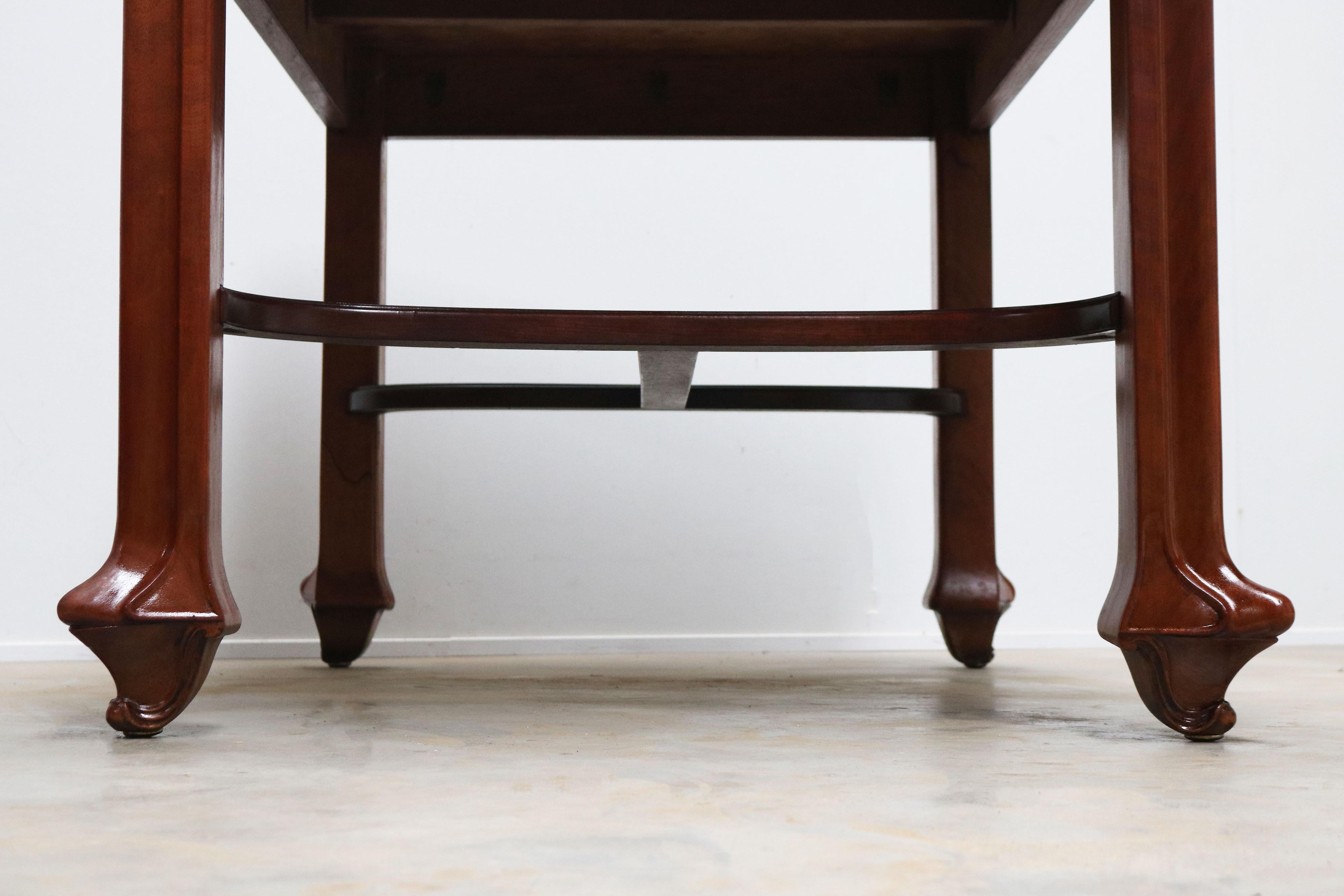 French Solid carved mahogany Art nouveau table by Maison Gouffe with Inlaid top 1902 For Sale