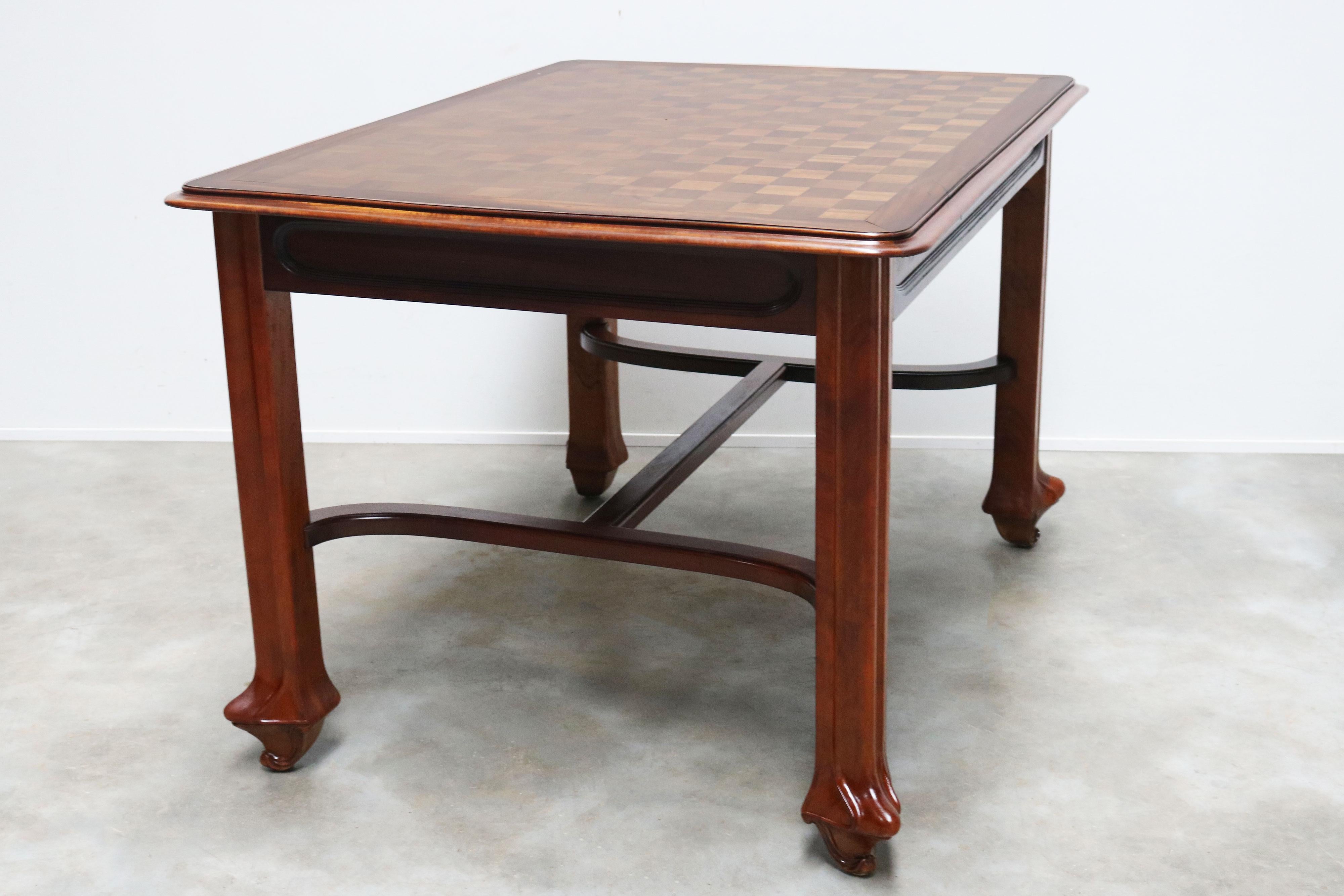 Early 20th Century Solid carved mahogany Art nouveau table by Maison Gouffe with Inlaid top 1902 For Sale