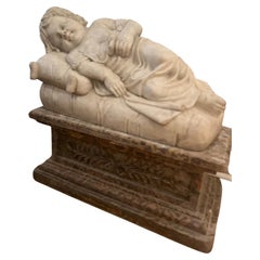 Solid Carved Marble Statue of Sleeping Child on Plinth Stand - Pair Available