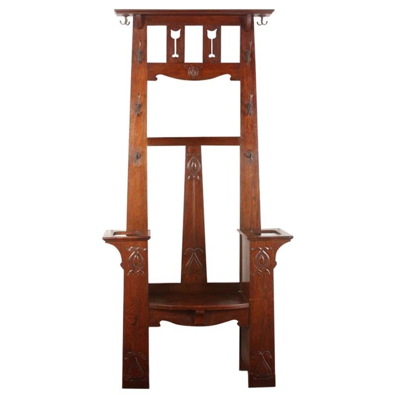 Solid Carved Oak Arts & Crafts Hall Stand with Seat