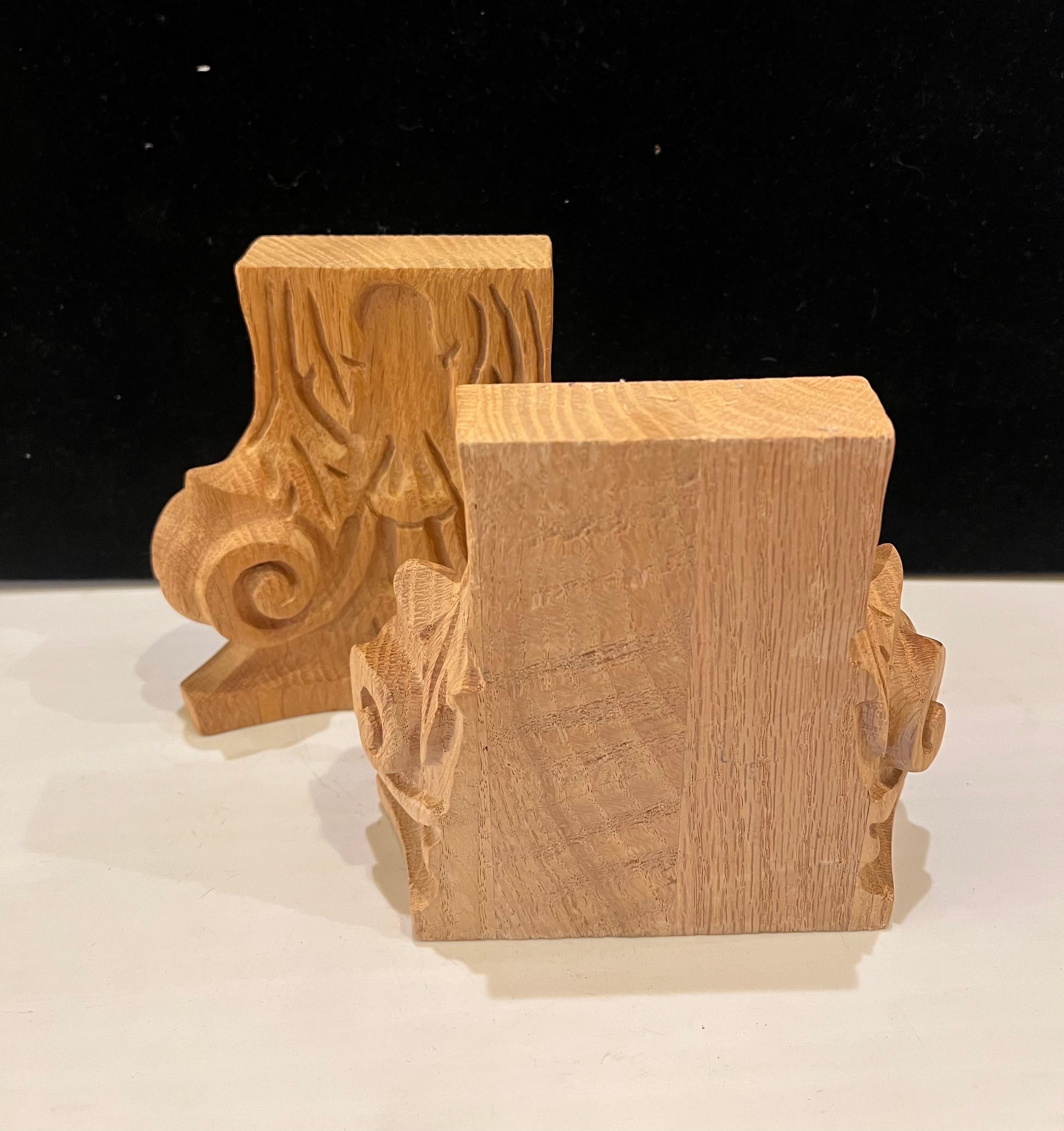 American Solid Carved Oak Column Bookends 1970's For Sale