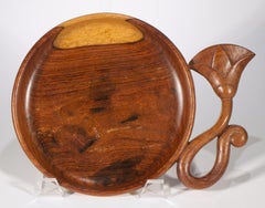 Solid Carved Rosewood Round Tray with Ornate Handle, Arts & Crafts 1945