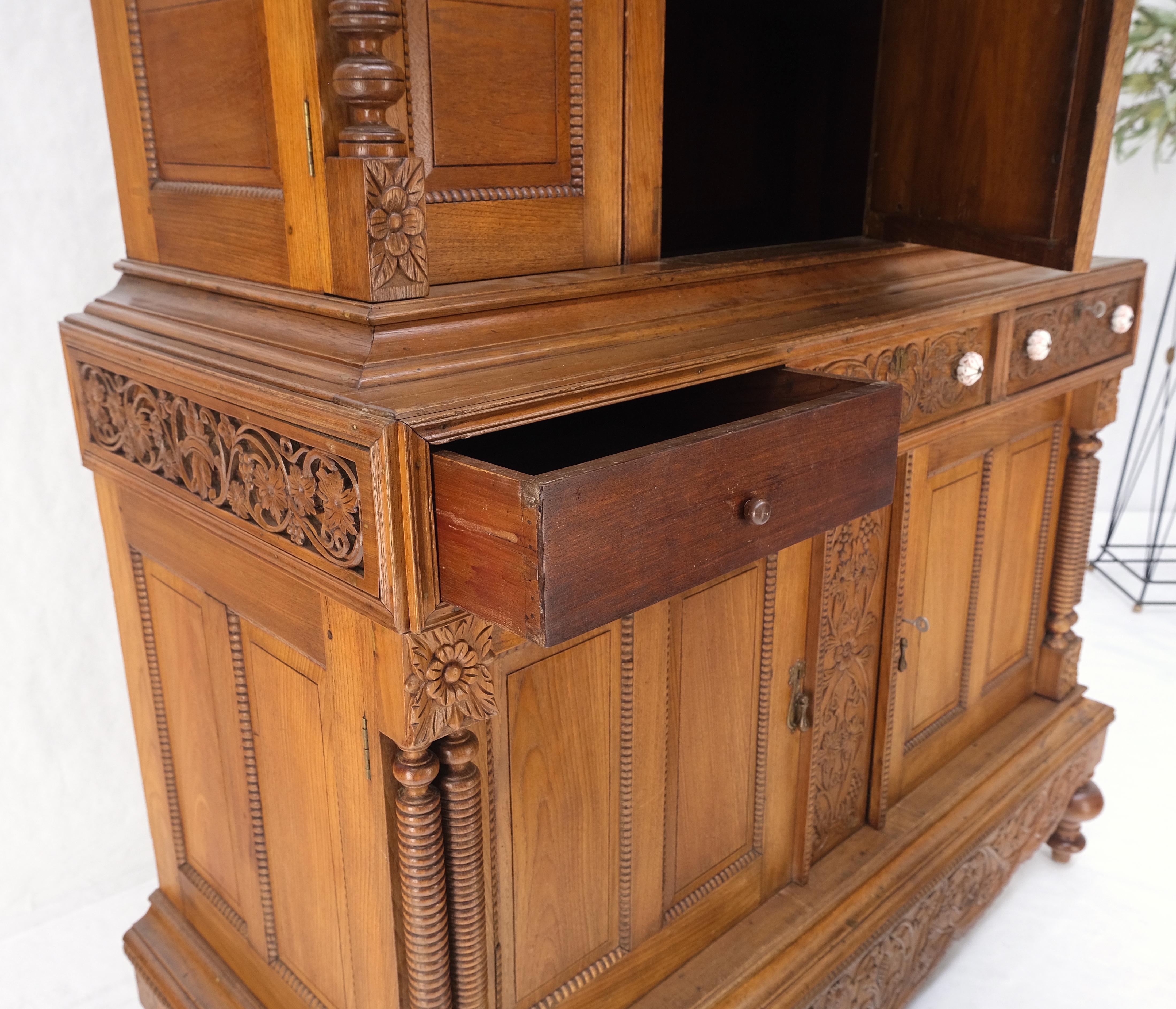Solid Carved Teak Antique Two Part Cupboard Cabinet with Unique Feature Mint! For Sale 9