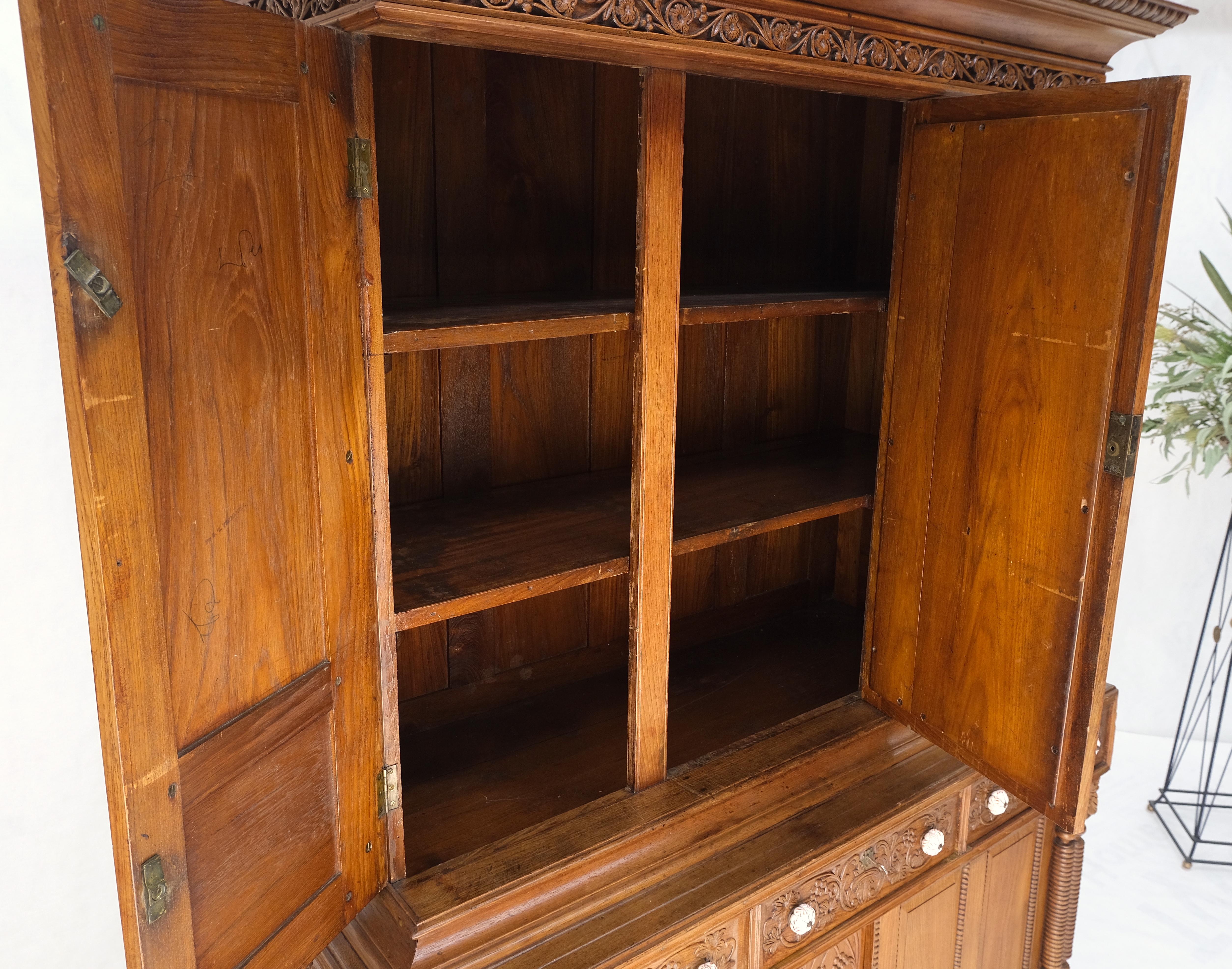 Solid Carved Teak Antique Two Part Cupboard Cabinet with Unique Feature Mint! For Sale 12