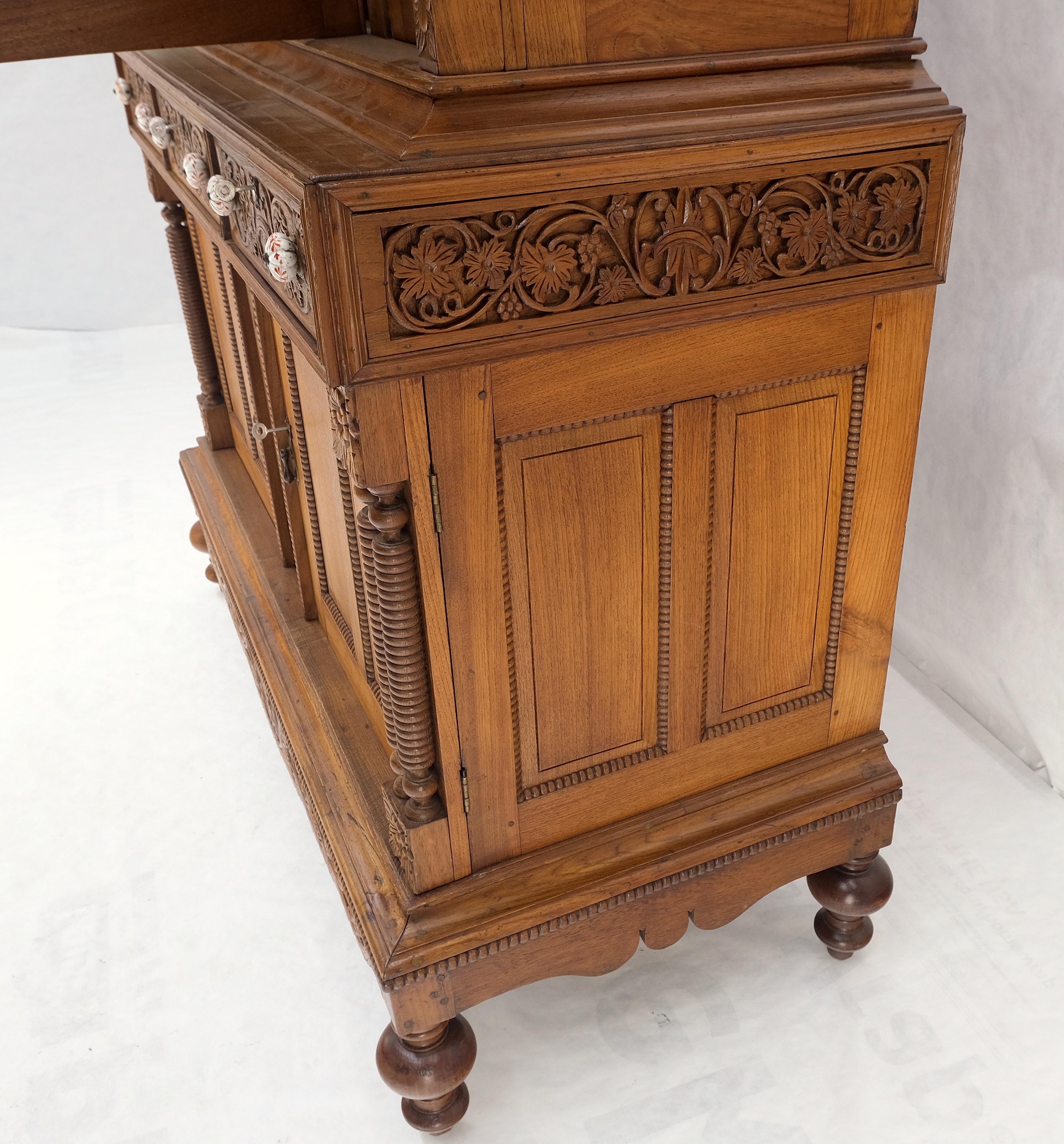 Solid Carved Teak Antique Two Part Cupboard Cabinet with Unique Feature Mint! In Good Condition For Sale In Rockaway, NJ