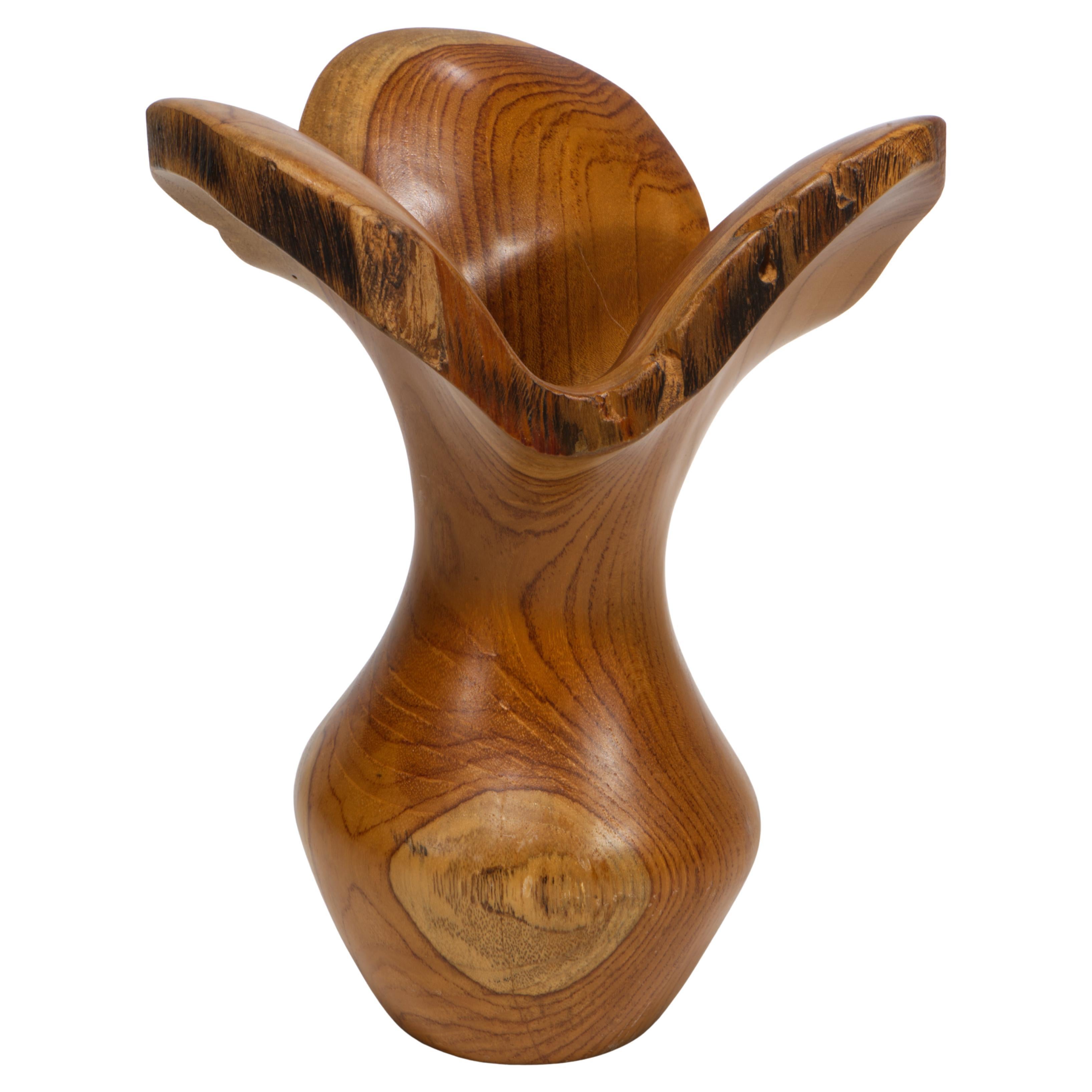 Solid Carved Teak Root Wood Vase with Live Edge Rim, Mid Century Modern