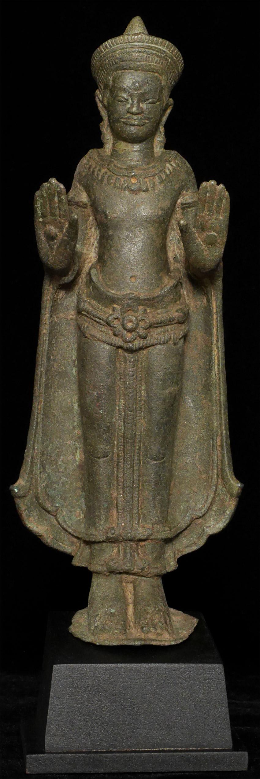 Solid-cast 12/13thC Cambodian bronze Buddha. Expectable wear, but no losses or repairs. Beautiful even untouched patina.  Good size at over 8.5 inches tall, 10.25 inches on the custom base. Solid cast and quite heavy for its size. There are a lot of