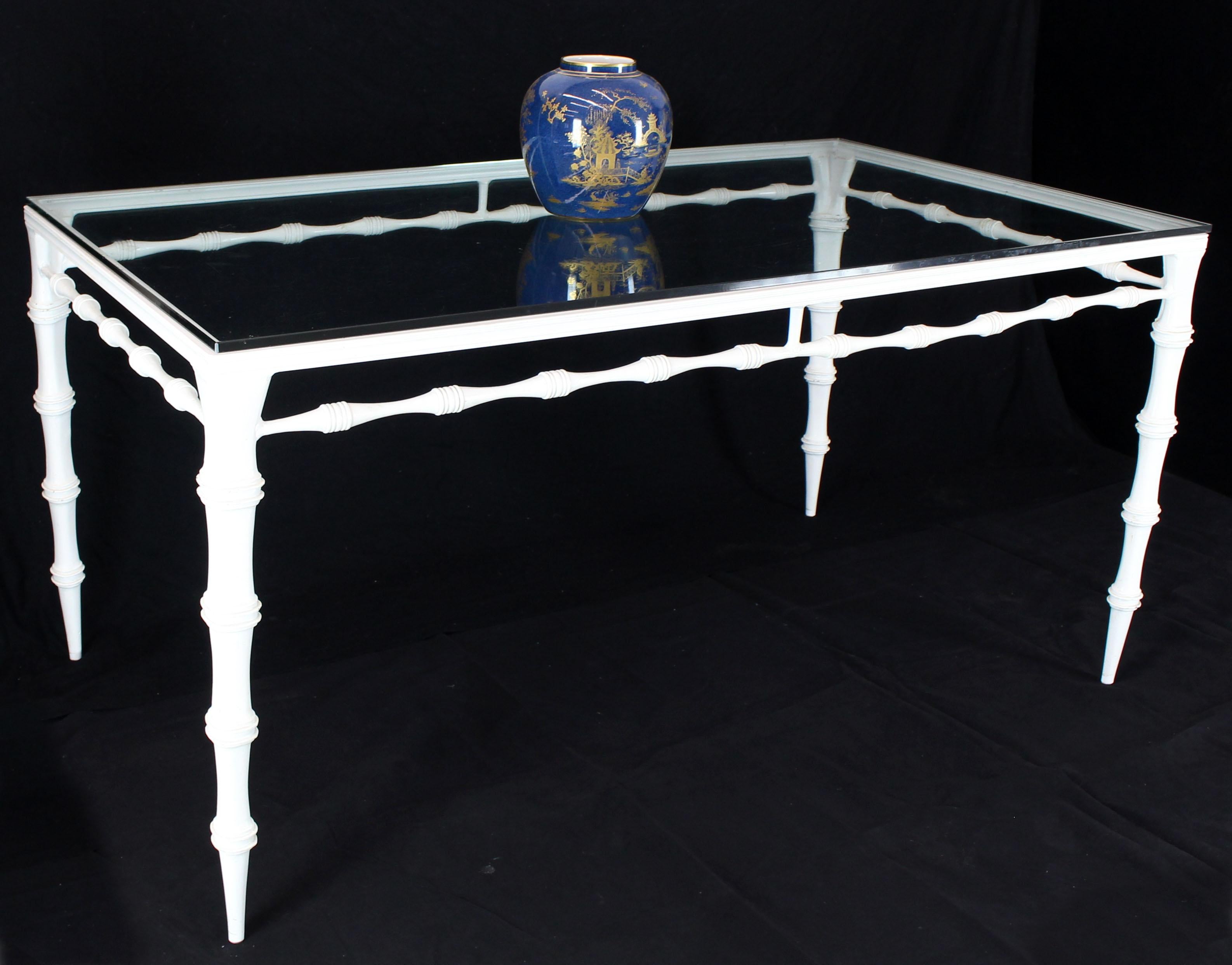 Solid Cast Aluminum Faux Bamboo Tapered Leg Glass Top White Dining Table Outdoor 5