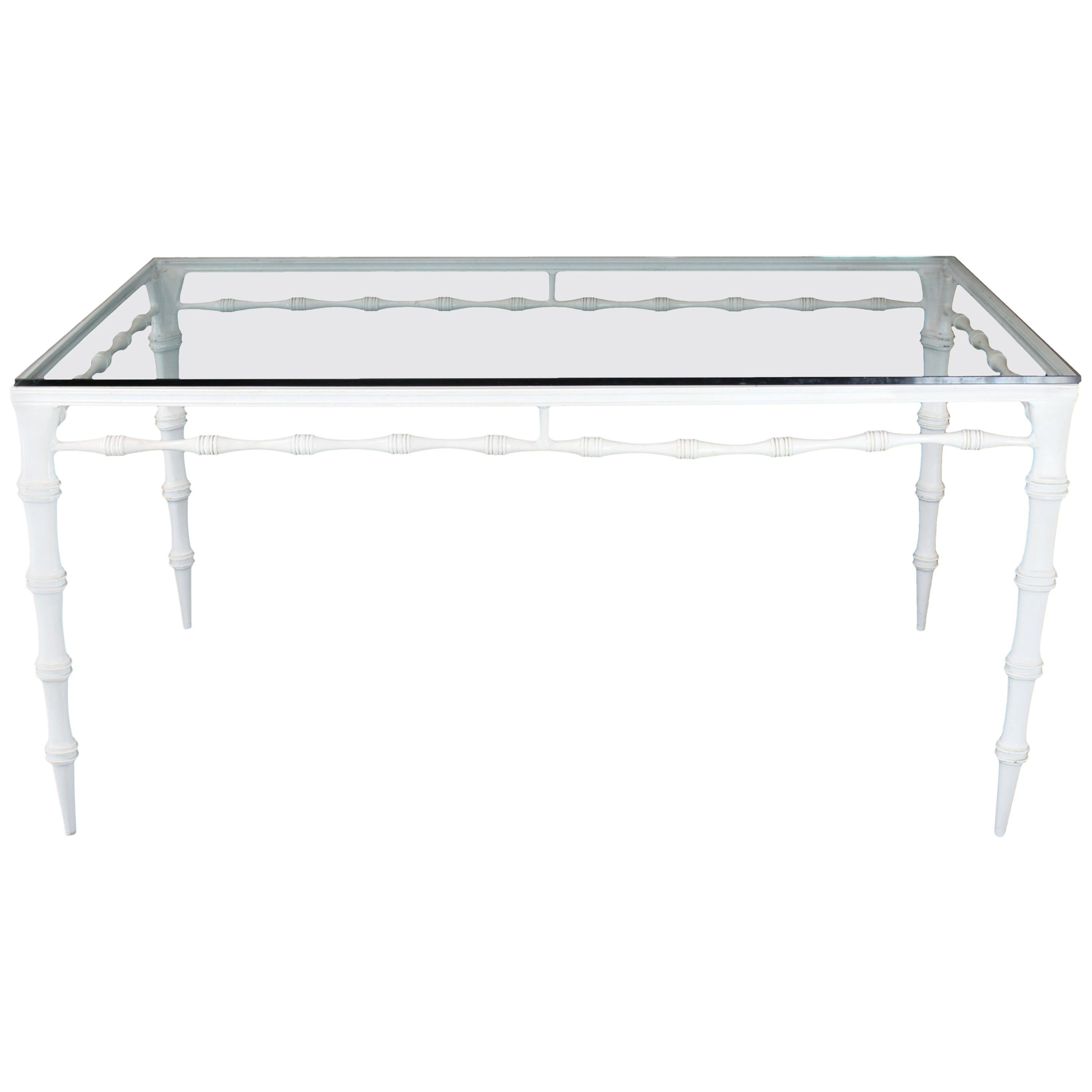 Solid Cast Aluminum Faux Bamboo Tapered Leg Glass Top White Dining Table Outdoor