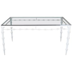 Solid Cast Aluminum Faux Bamboo Tapered Leg Glass Top White Dining Table Outdoor